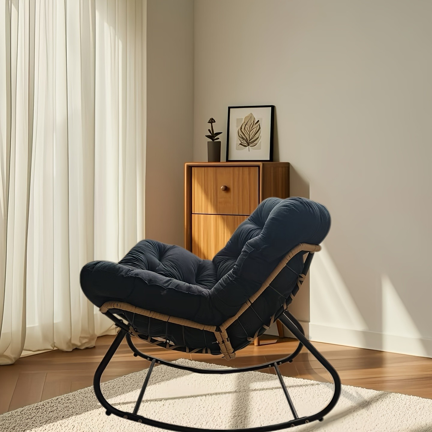 YLBKIKR Outdoor/Indoor Rocking Chair  Heavy-Duty Wicker & Metal Frame with Plush Padding for Patio, Porch, and Garden Comfort