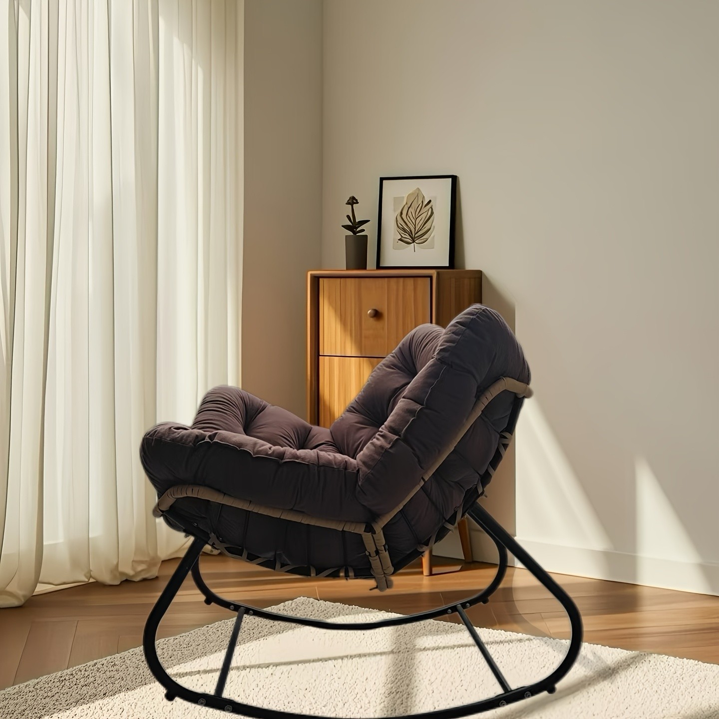 YLBKIKR Outdoor/Indoor Rocking Chair  Heavy-Duty Wicker & Metal Frame with Plush Padding for Patio, Porch, and Garden Comfort