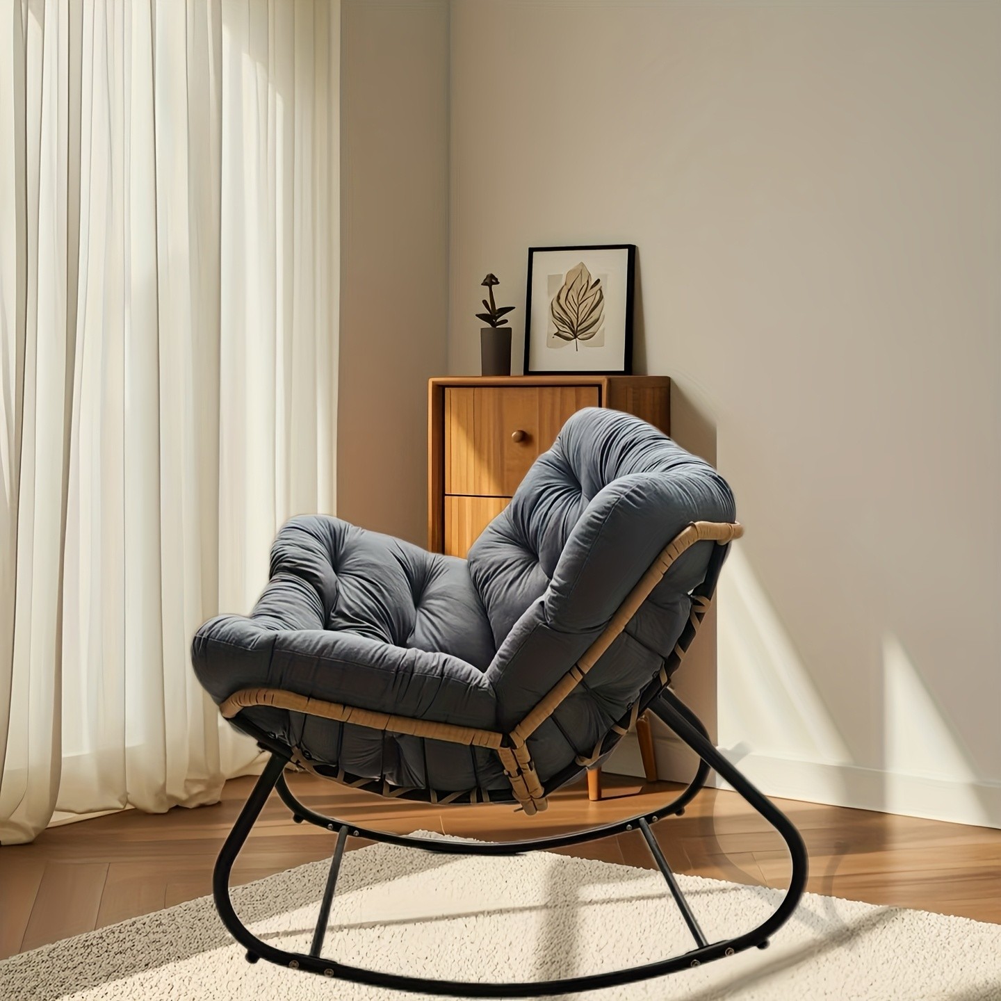 YLBKIKR Outdoor/Indoor Rocking Chair  Heavy-Duty Wicker & Metal Frame with Plush Padding for Patio, Porch, and Garden Comfort