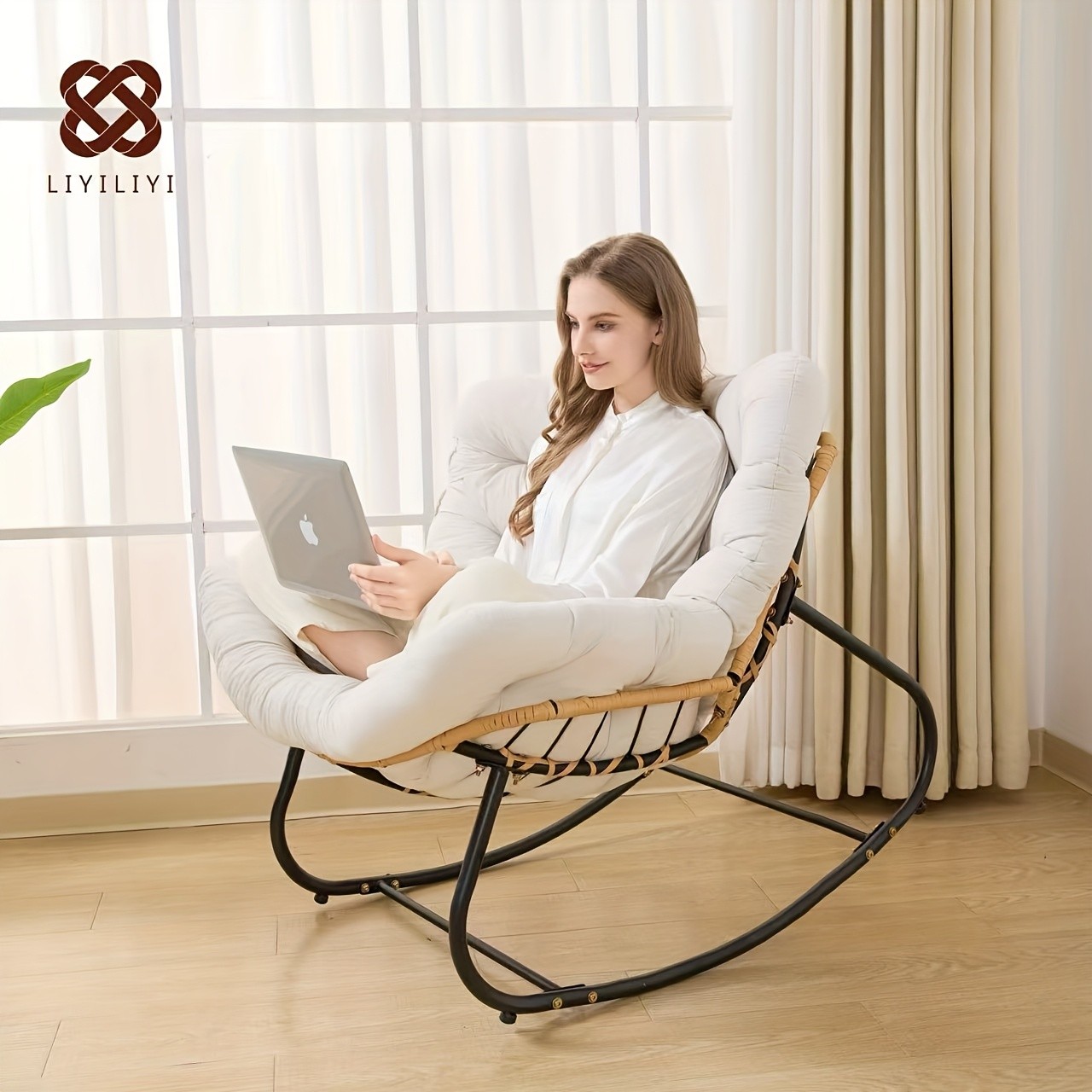 YLBKIKR Outdoor/Indoor Rocking Chair  Heavy-Duty Wicker & Metal Frame with Plush Padding for Patio, Porch, and Garden Comfort