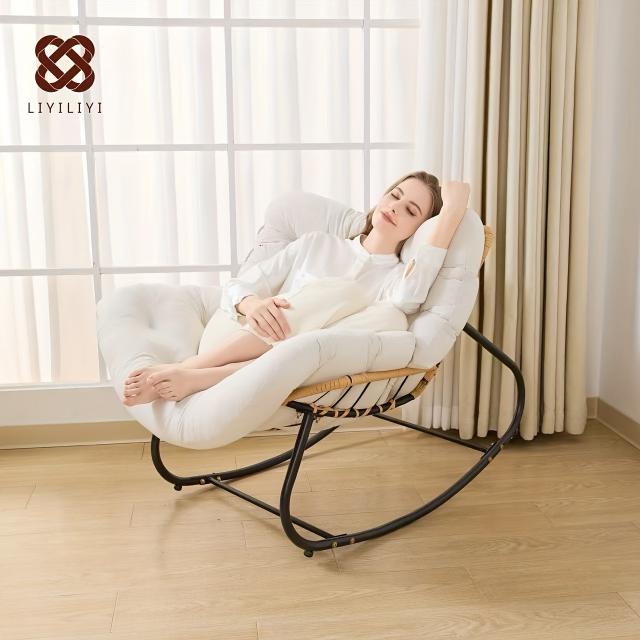 YLBKIKR Outdoor/Indoor Rocking Chair  Heavy-Duty Wicker & Metal Frame with Plush Padding for Patio, Porch, and Garden Comfort