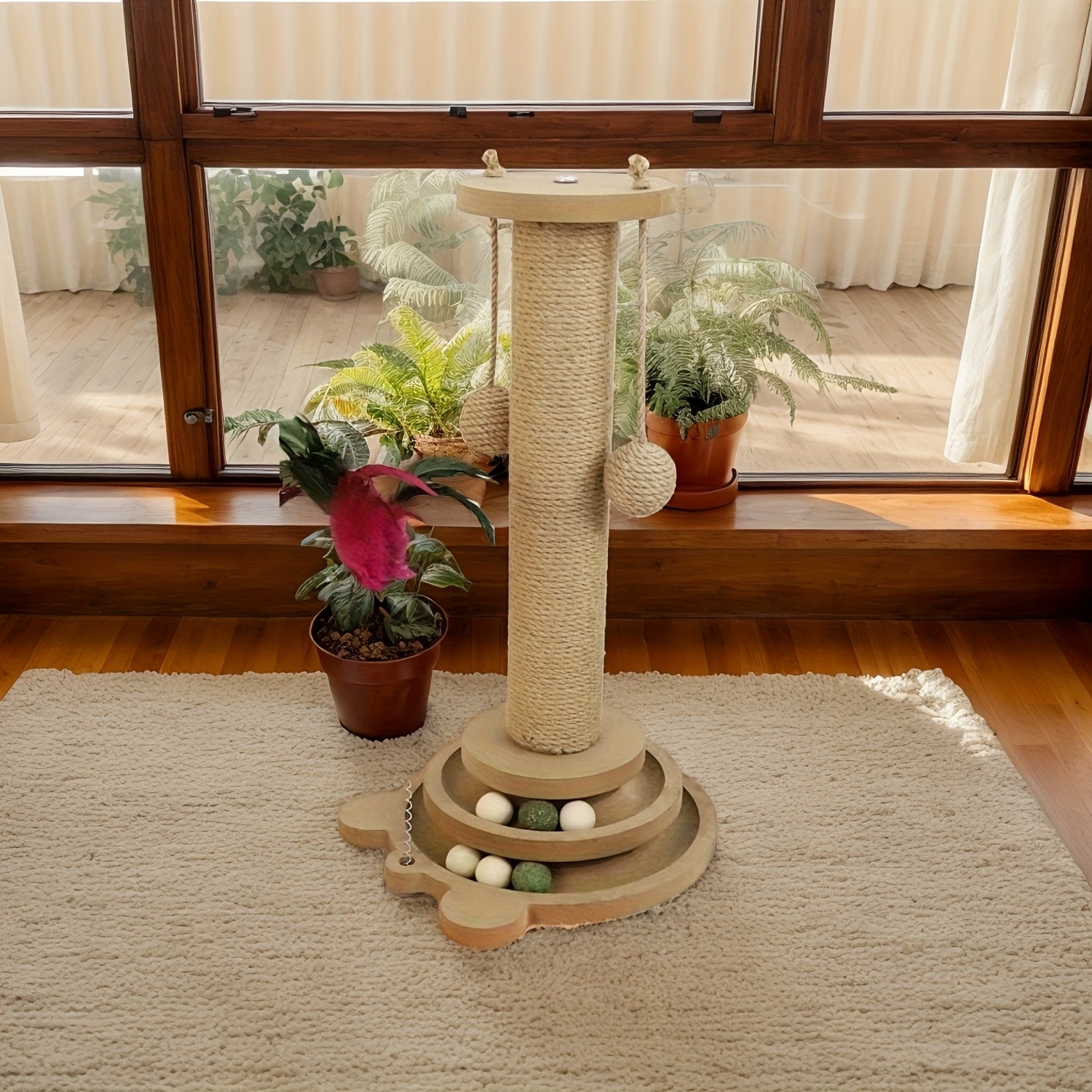 HAOZCL Interactive Cat Scratching Post Tower  Durable, Multi-Functional Scratch Board with Ball Track and Hanging Toys for Endless Fun