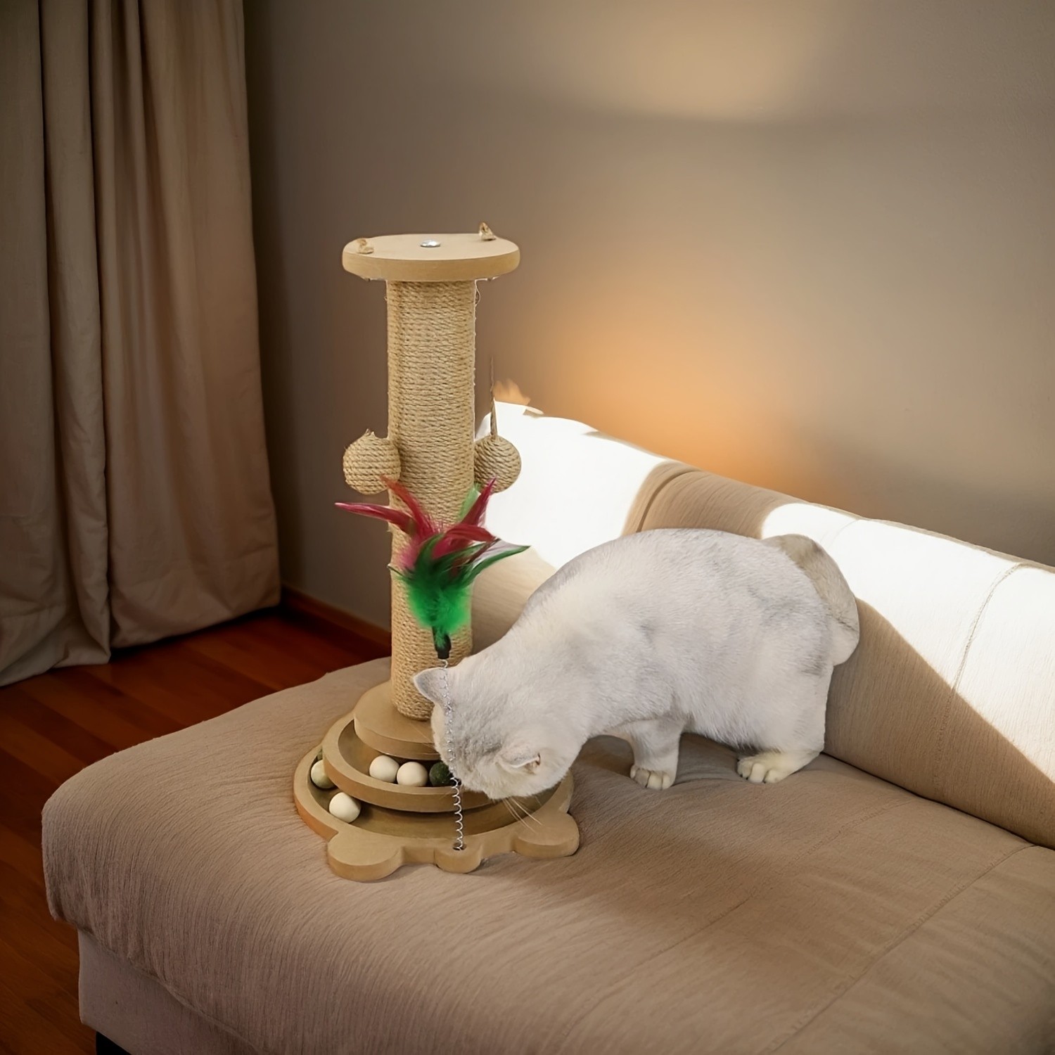 HAOZCL Interactive Cat Scratching Post Tower  Durable, Multi-Functional Scratch Board with Ball Track and Hanging Toys for Endless Fun