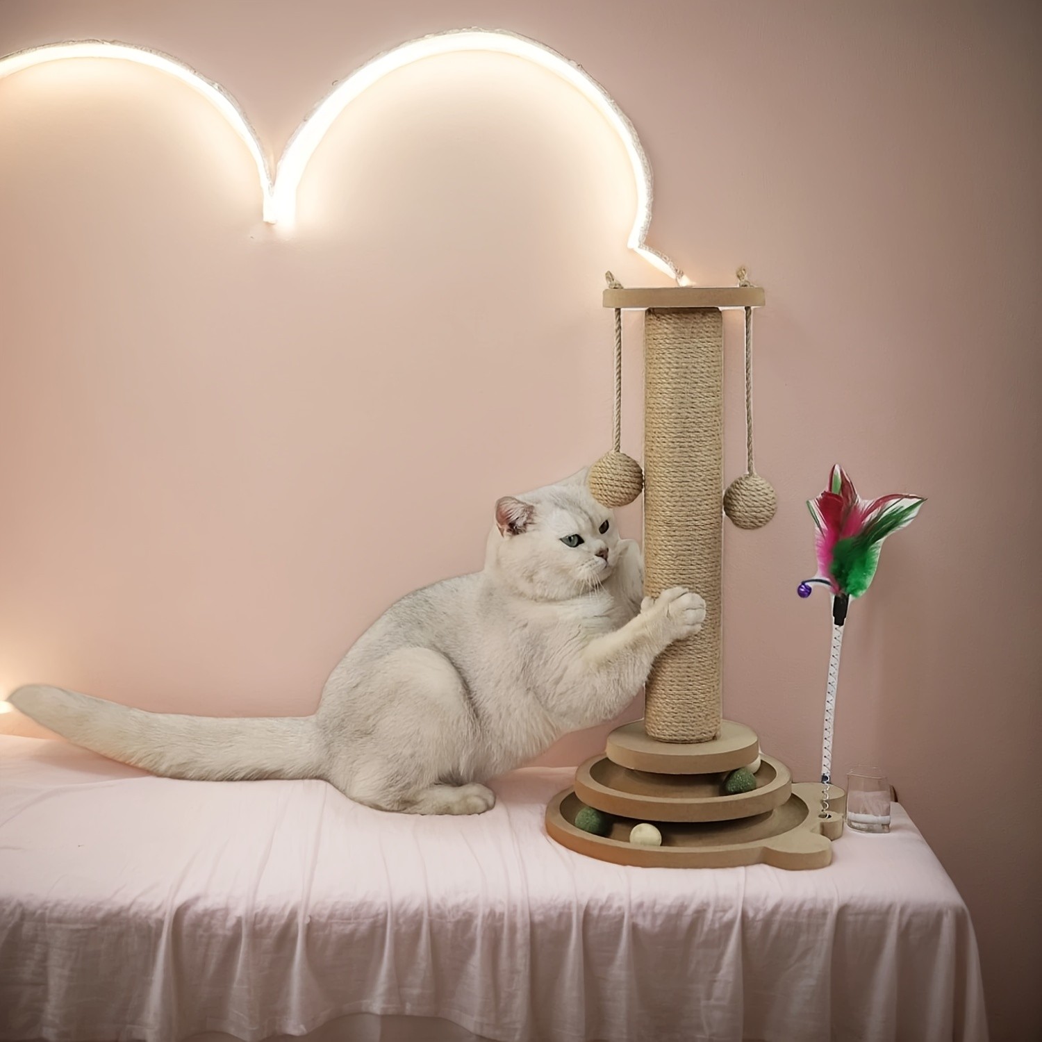 HAOZCL Interactive Cat Scratching Post Tower  Durable, Multi-Functional Scratch Board with Ball Track and Hanging Toys for Endless Fun