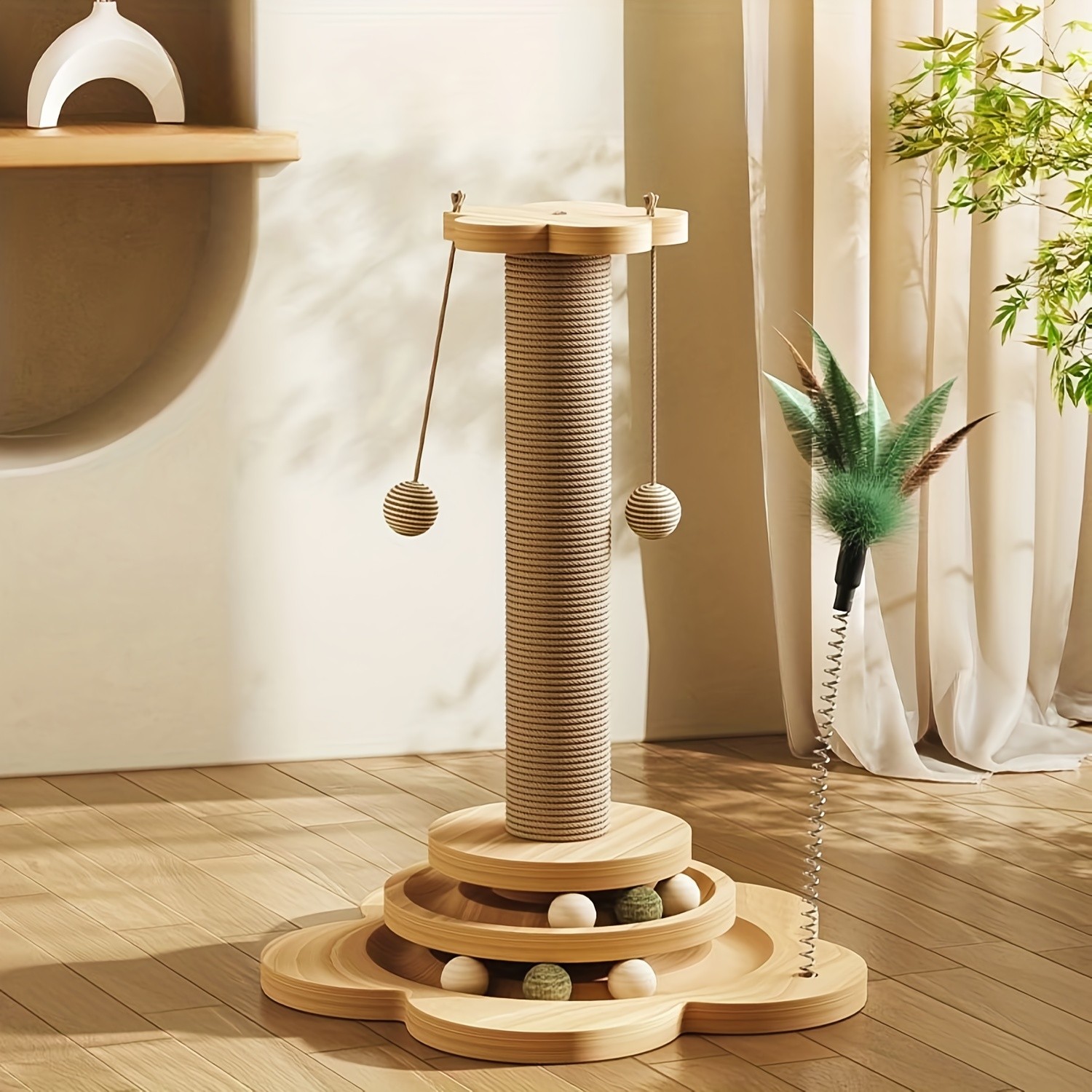 HAOZCL Interactive Cat Scratching Post Tower  Durable, Multi-Functional Scratch Board with Ball Track and Hanging Toys for Endless Fun