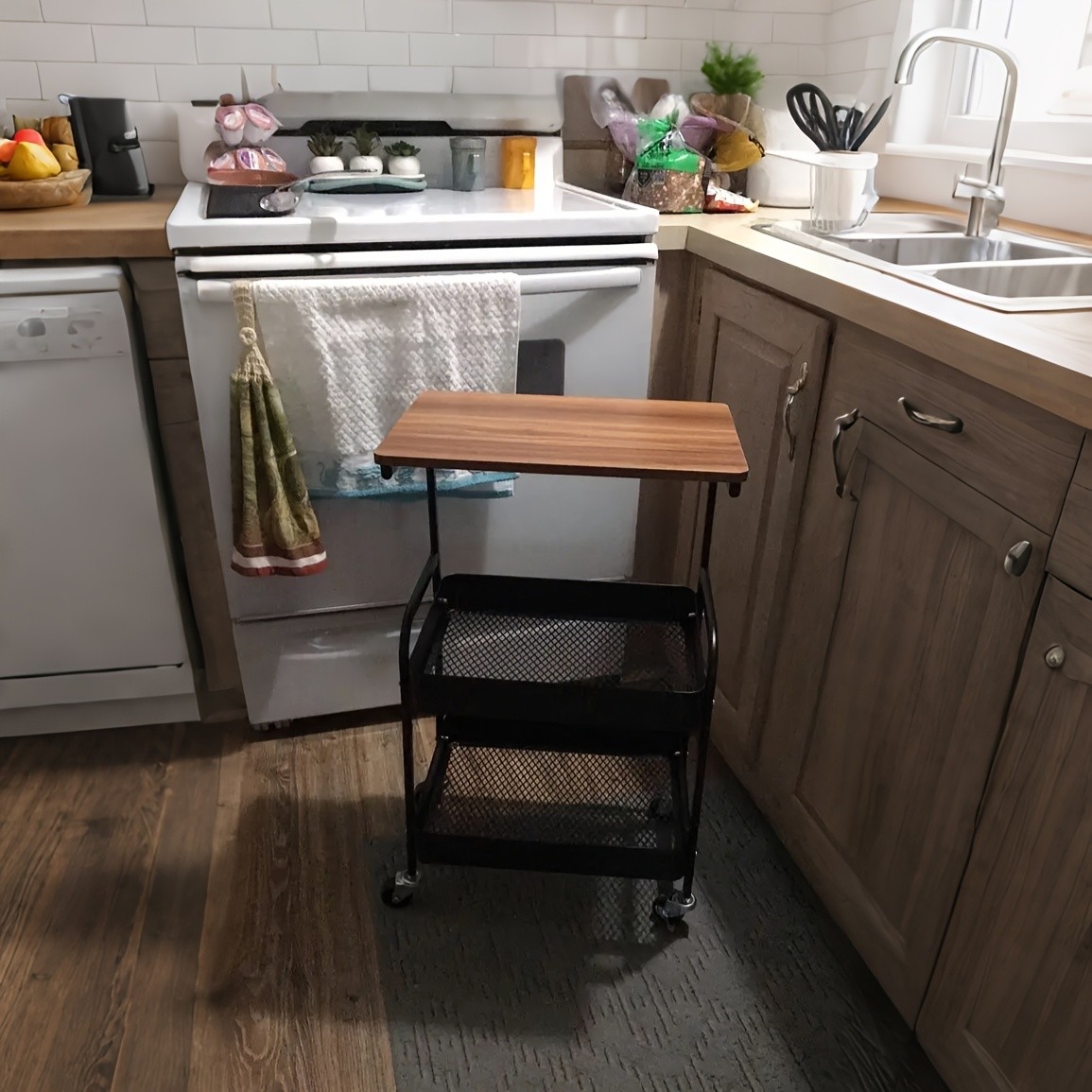 HAOZCL 3-Tier Rolling Cart with Tabletop  Durable Carbon Steel Frame for Easy Mobility and Versatile Storage