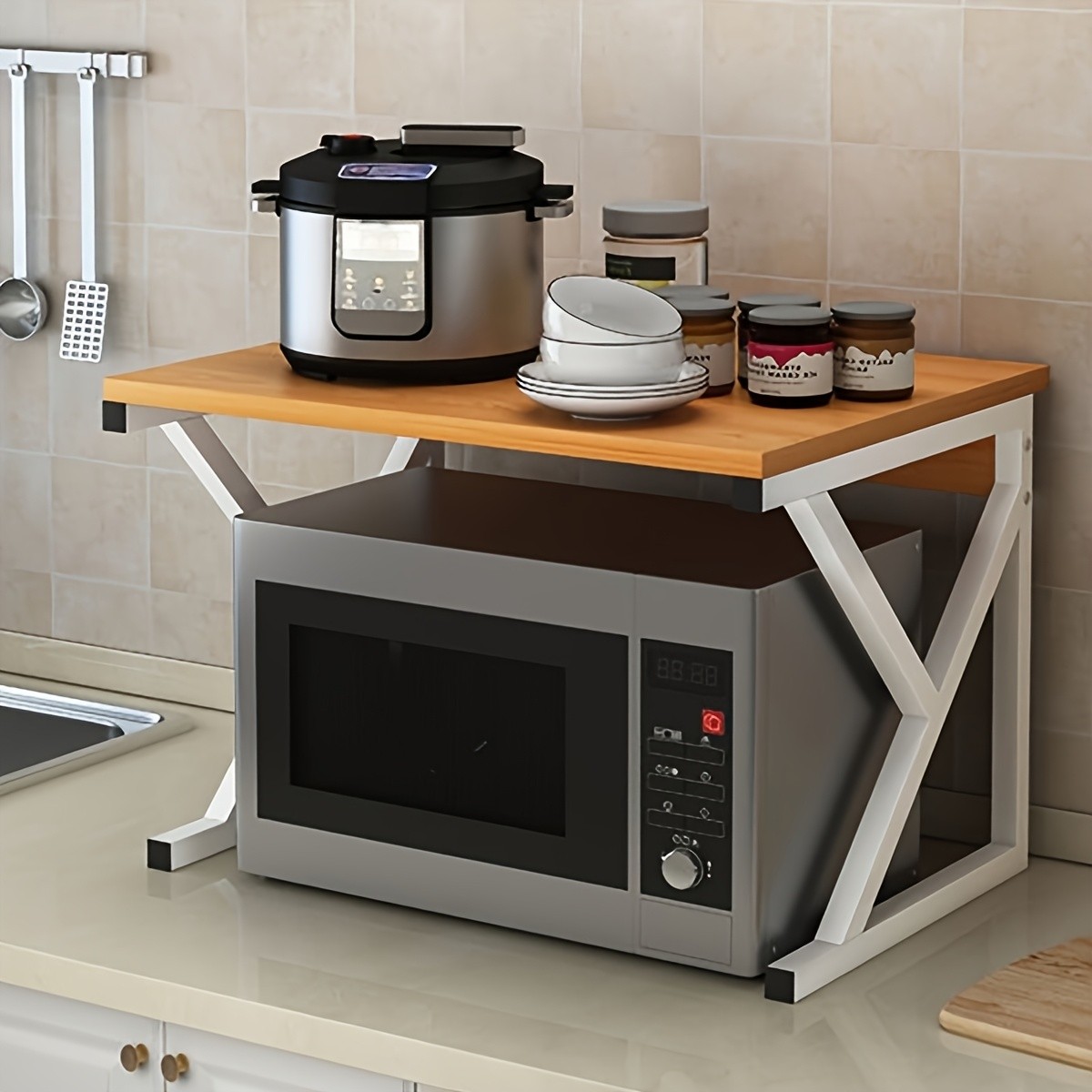 HAOZCL Modern Wooden & Metal Kitchen Cart with 2-Tier Shelves Sleek Countertop Storage Rack for Microwave, Coffee Maker, and Spice Jars