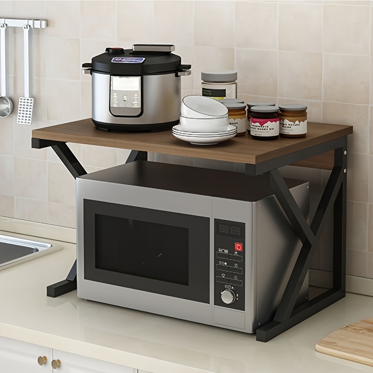 HAOZCL Modern Wooden & Metal Kitchen Cart with 2-Tier Shelves Sleek Countertop Storage Rack for Microwave, Coffee Maker, and Spice Jars