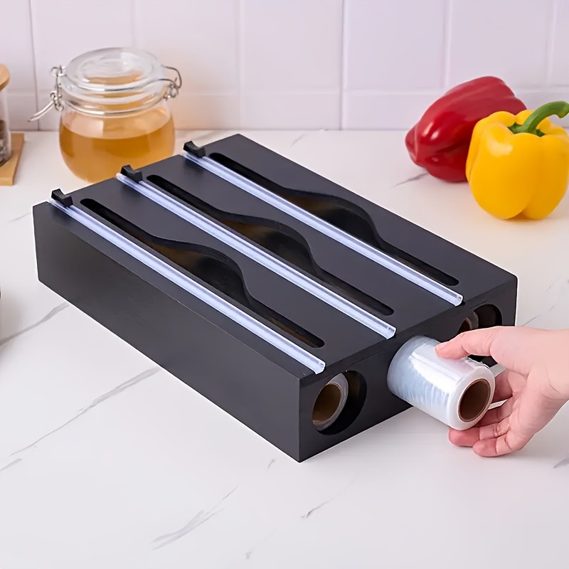 HAOZCL 3-Compartment Cling Film Cutter with Paper Towel Holder  Aluminum Foil, Wax Paper, and Trash Bag Storage in One Sleek Bamboo Organizer