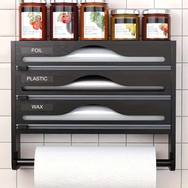 HAOZCL 3-Compartment Cling Film Cutter with Paper Towel Holder  Aluminum Foil, Wax Paper, and Trash Bag Storage in One Sleek Bamboo Organizer