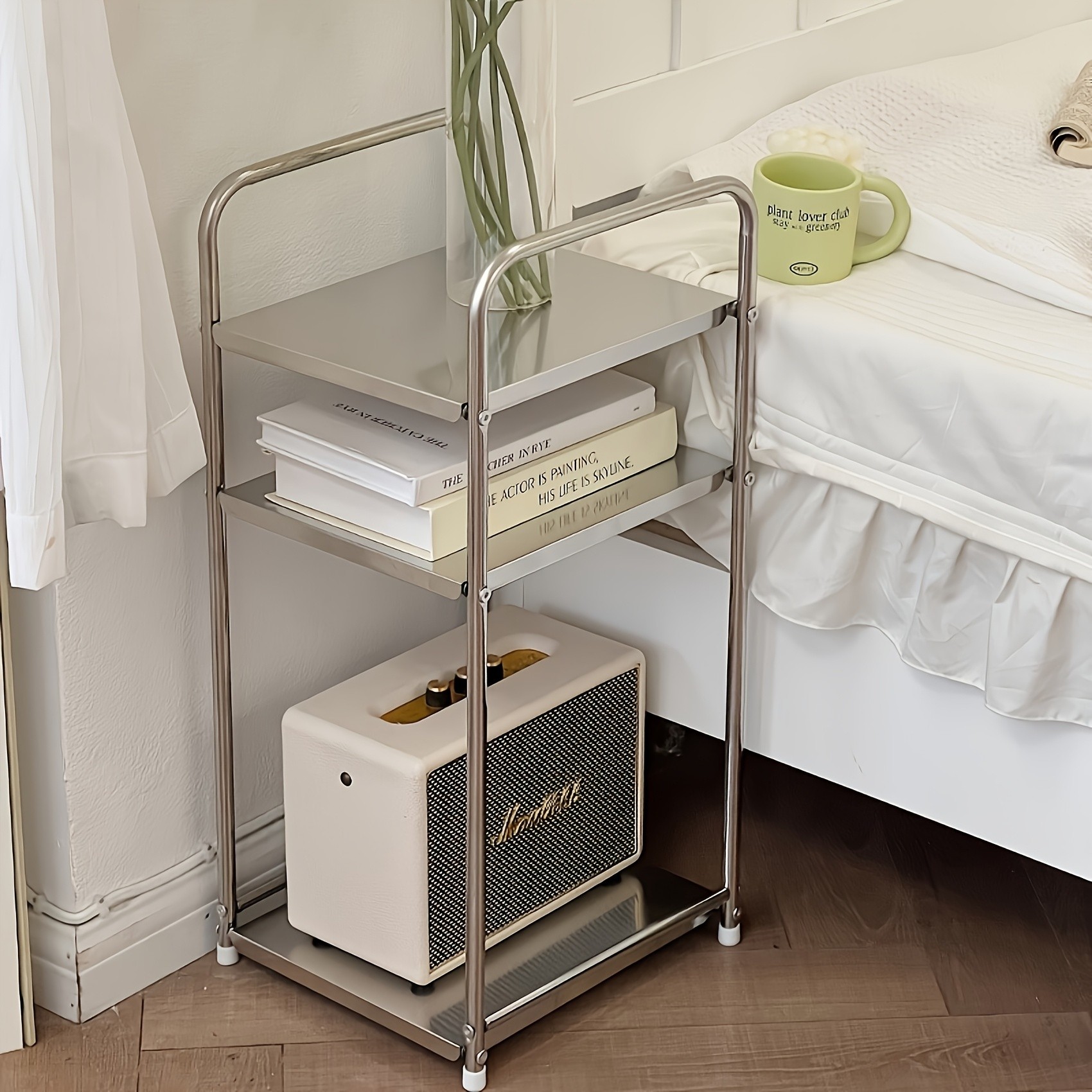 HAOZCL Three-Level Stainless Steel Side Table  Industrial Design Storage Shelf for Living Room, Bedroom, and More