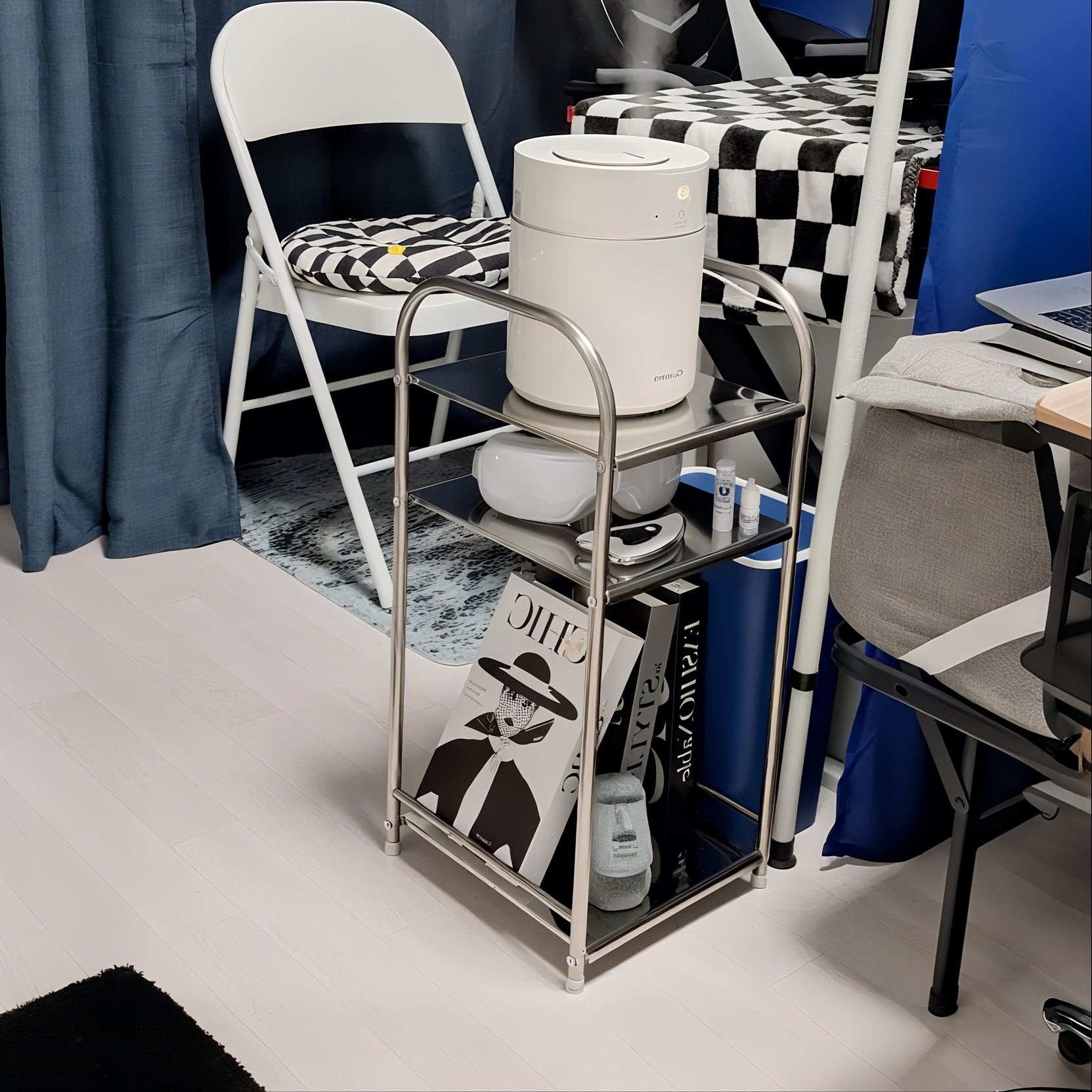 HAOZCL Three-Level Stainless Steel Side Table  Industrial Design Storage Shelf for Living Room, Bedroom, and More