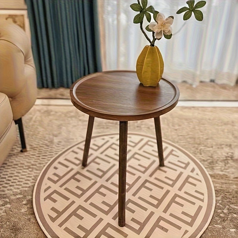 HAOZCL Round Side Table with Storage Rack  Vintage Hardwood Coffee Table with Geometric Pattern Top for Living Room, Bedroom, and Balcony