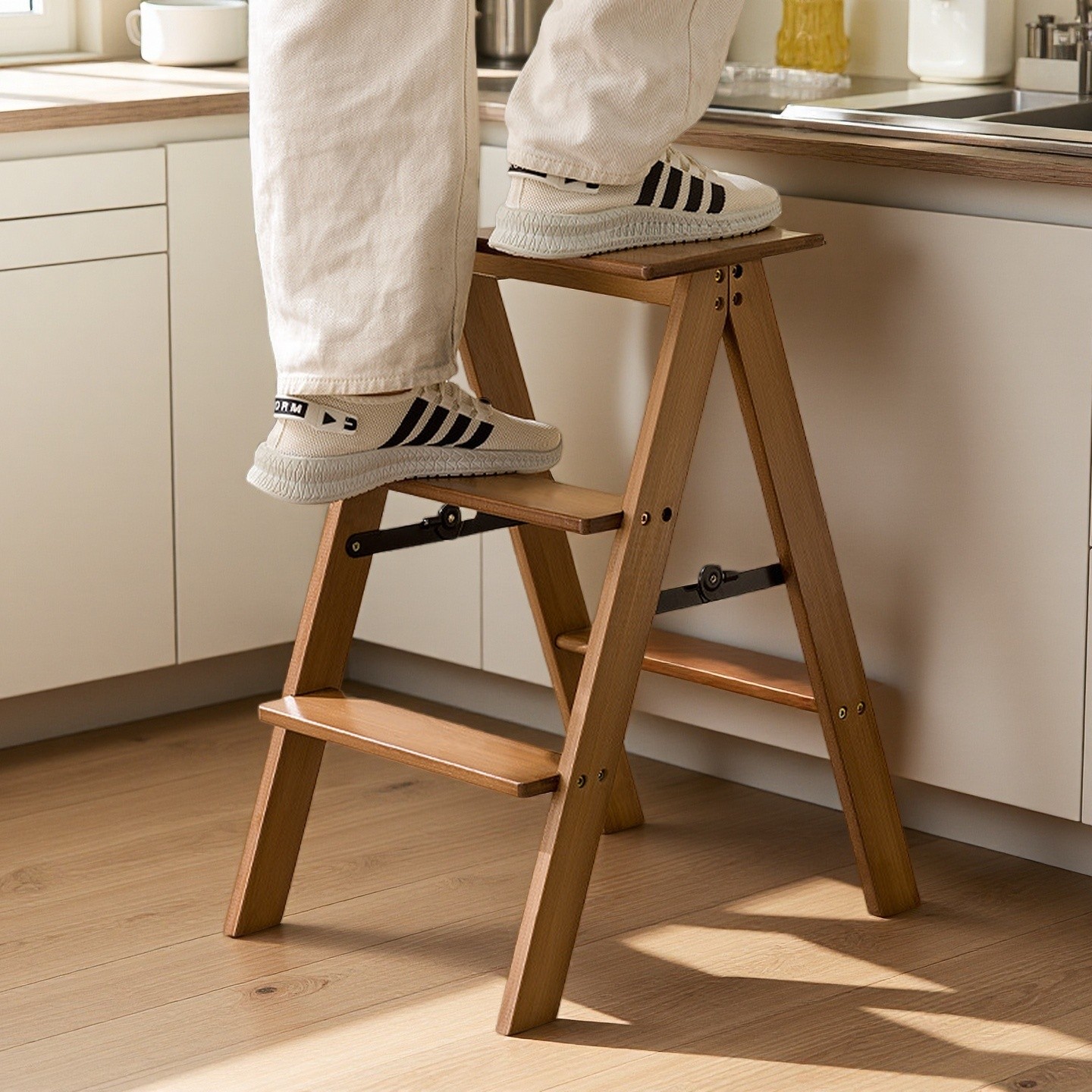 HAOZCL Multi-Functional 3-Tier Folding Step Stool  Portable Ladder with Natural Finish for Home, Office, and Outdoor Use