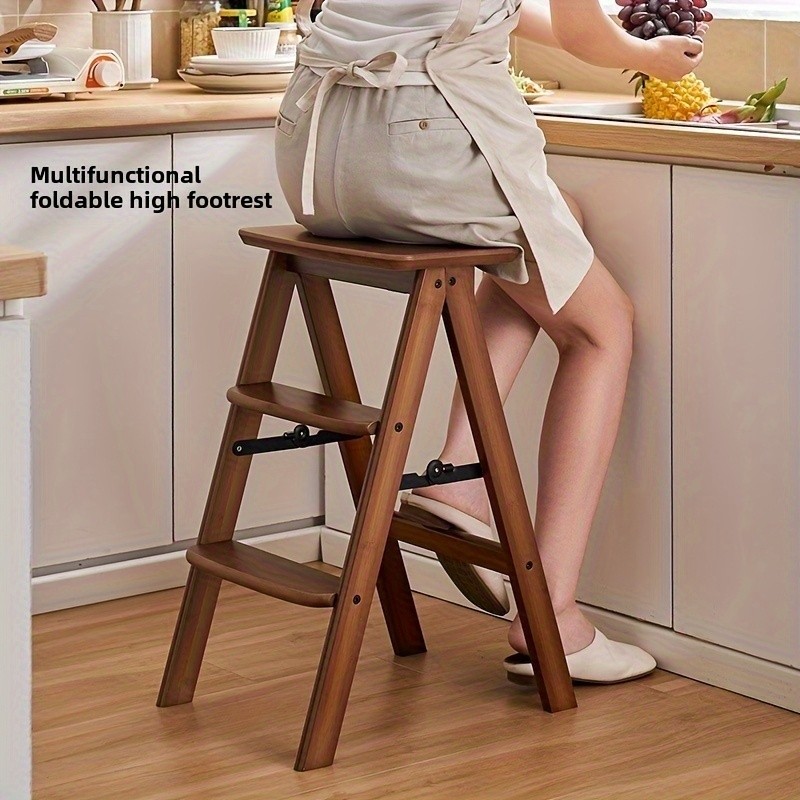 HAOZCL Multi-Functional 3-Tier Folding Step Stool  Portable Ladder with Natural Finish for Home, Office, and Outdoor Use