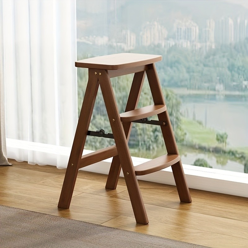 HAOZCL Multi-Functional 3-Tier Folding Step Stool  Portable Ladder with Natural Finish for Home, Office, and Outdoor Use