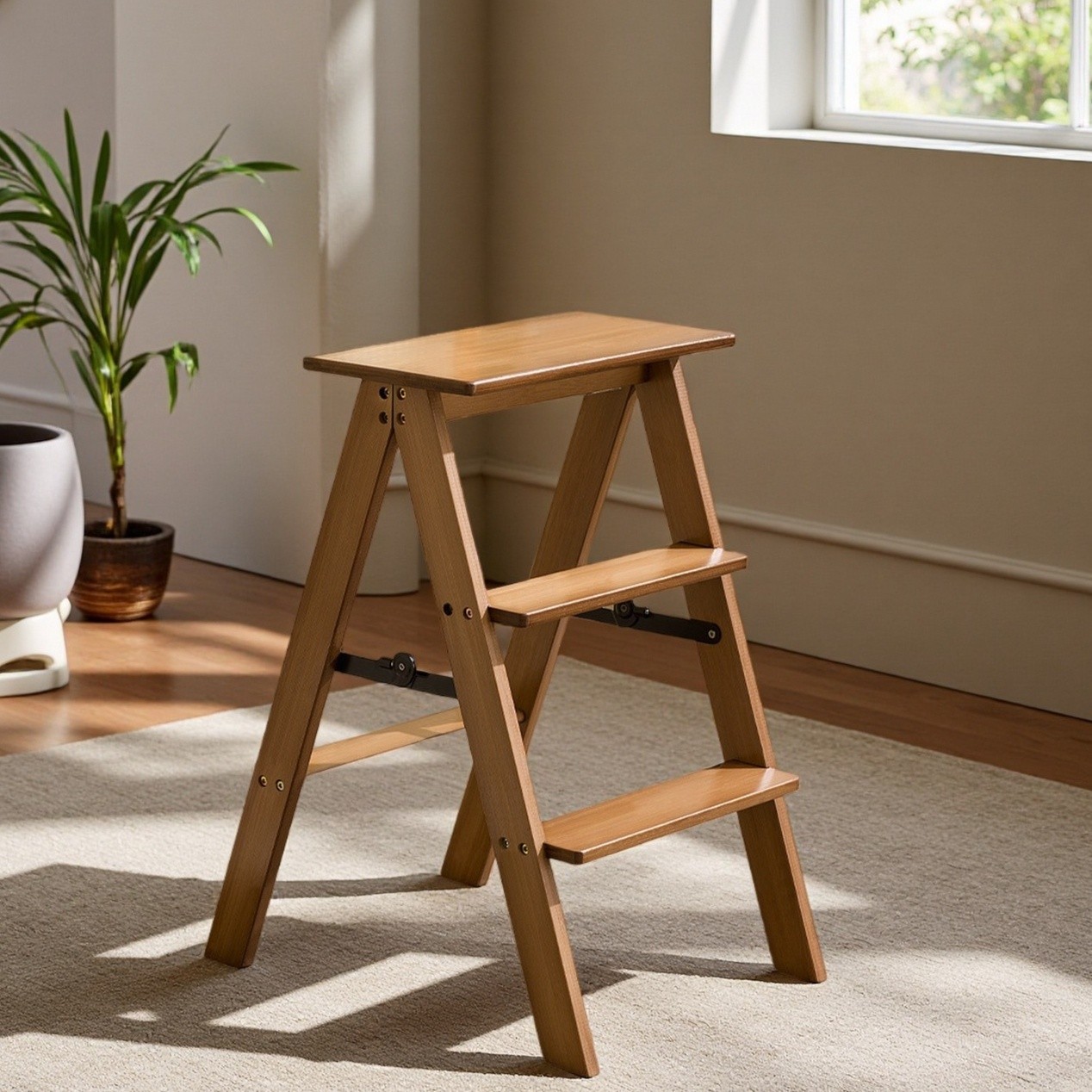 HAOZCL Multi-Functional 3-Tier Folding Step Stool  Portable Ladder with Natural Finish for Home, Office, and Outdoor Use