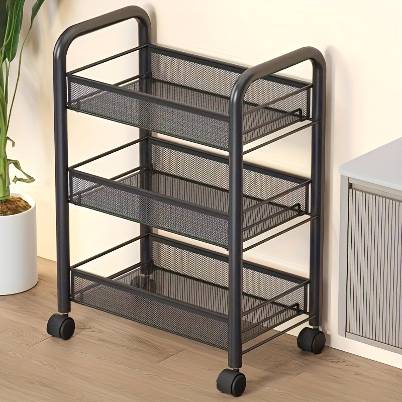 HAOZCL Mesh Rolling Wire Multifunctional Cart 3-Layer Metal Storage Cart with Lockable Wheels for Home, Office, and Kitchen Use