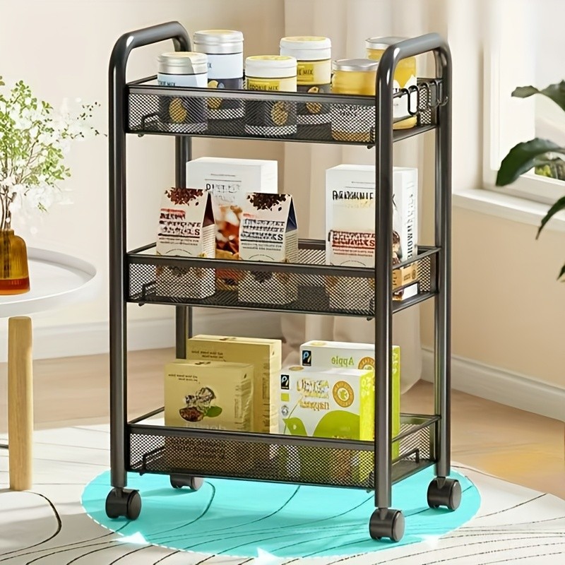 HAOZCL Mesh Rolling Wire Multifunctional Cart 3-Layer Metal Storage Cart with Lockable Wheels for Home, Office, and Kitchen Use