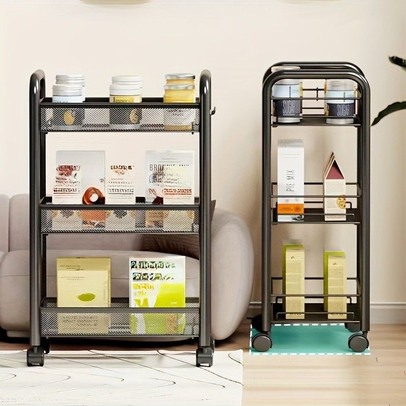 HAOZCL Mesh Rolling Wire Multifunctional Cart 3-Layer Metal Storage Cart with Lockable Wheels for Home, Office, and Kitchen Use