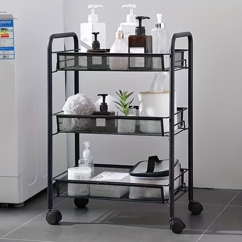 HAOZCL Mesh Rolling Wire Multifunctional Cart 3-Layer Metal Storage Cart with Lockable Wheels for Home, Office, and Kitchen Use