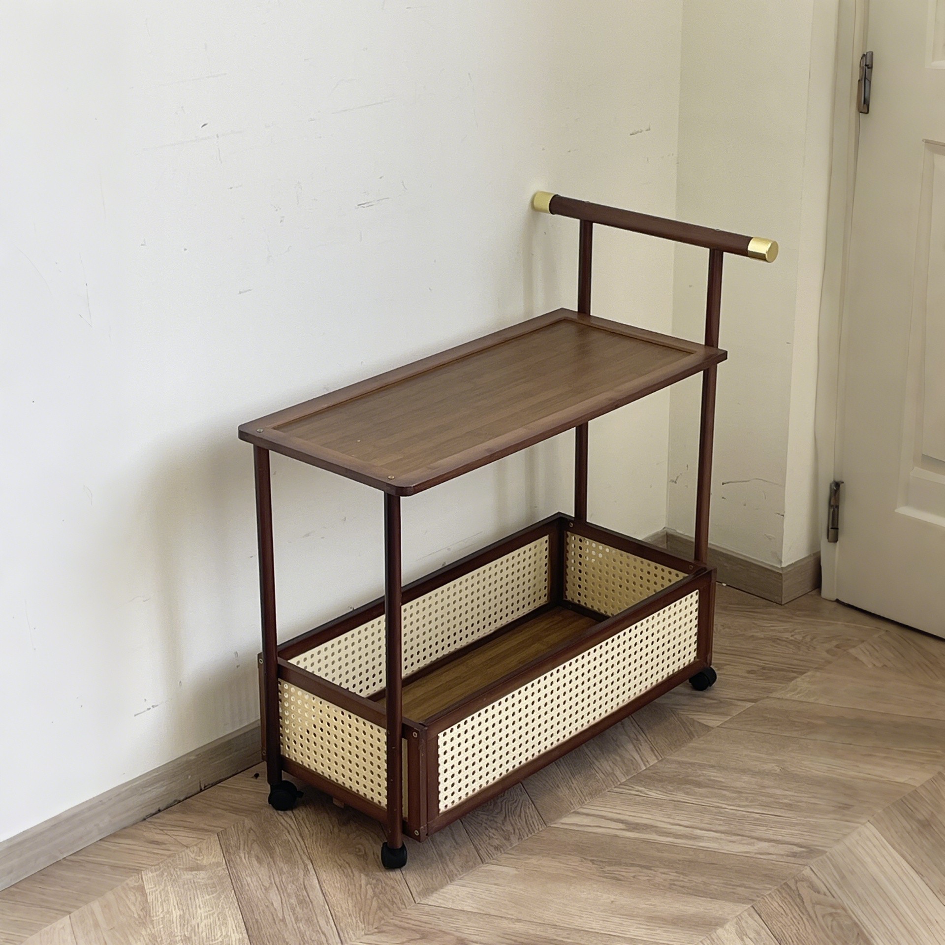 HAOZCL Antique Style Solid Hardwood Mobile Side Table with Golden Accents Vintage Tea Cart on Wheels for Living Room with Open Shelves and Baskets