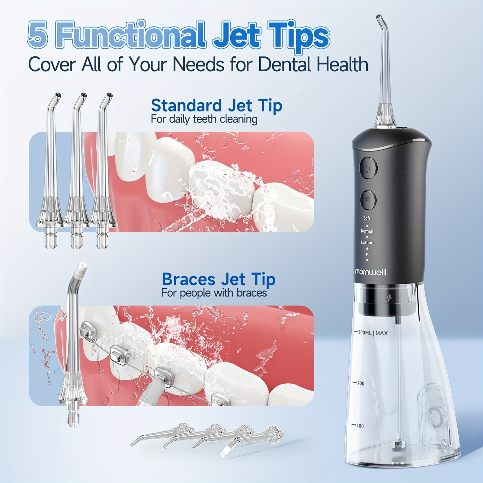 Mornwell Portable Water Flosser with 4 Nozzles & 3 Pressure Settings