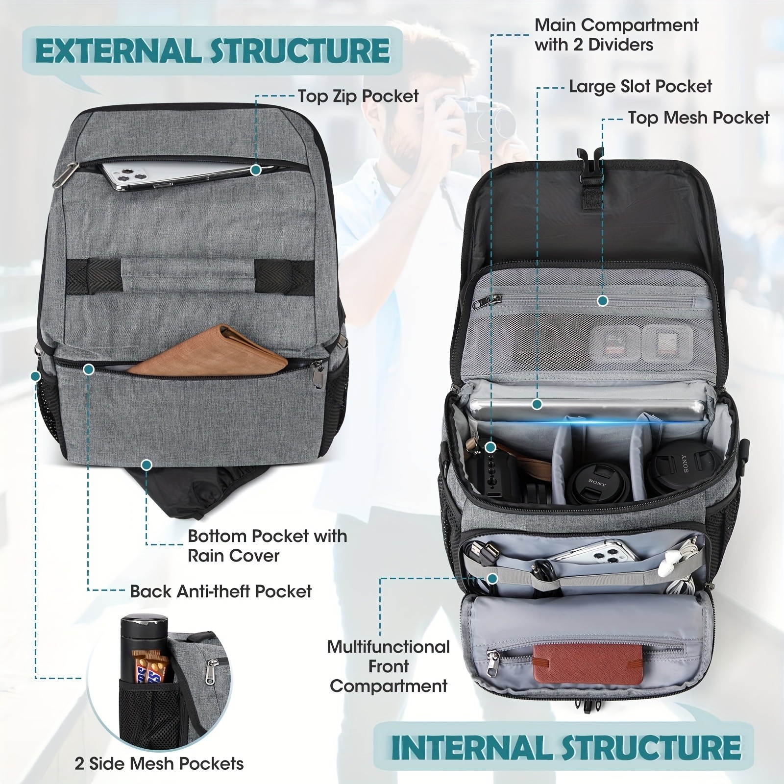 NEWHEY Camera Bag for DSLR, SLR, and Mirrorless Cameras Durable and Waterproof with Tripod Holder for Outdoor Photography