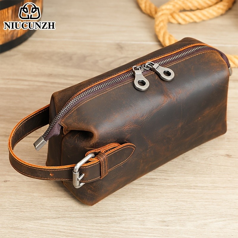 NIUCUNZH Mens Vintage Multi-functional Genuine Leather Toiletry Bag  Stylish and Spacious for Travel, Grooming, and Everyday Essentials