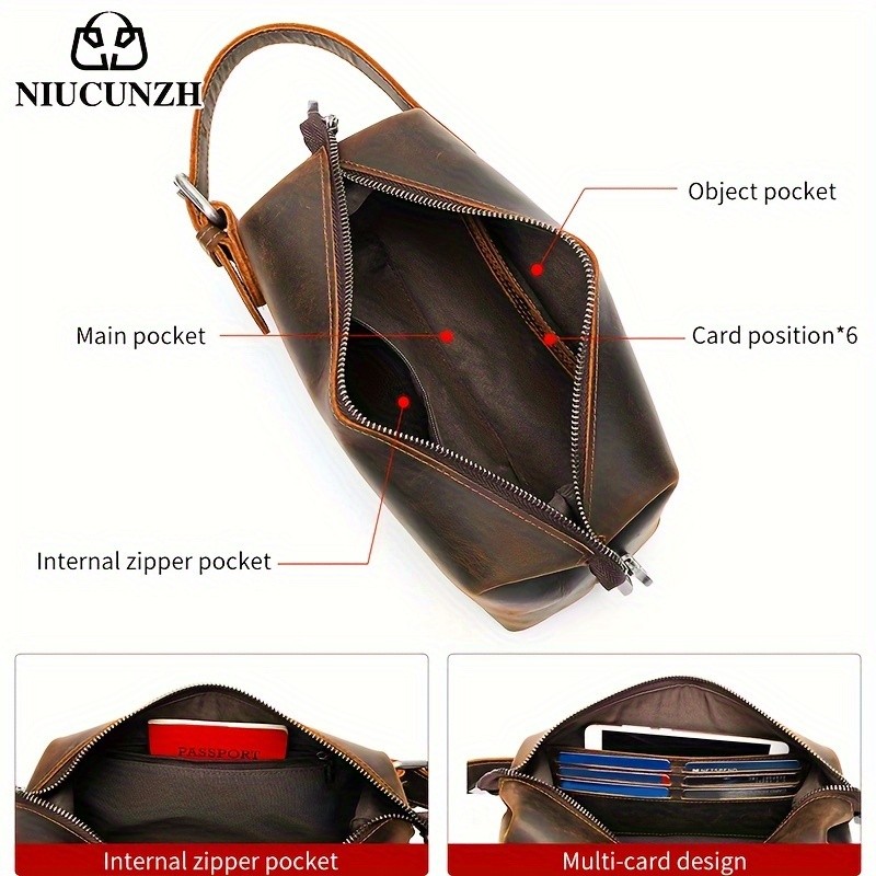 NIUCUNZH Mens Vintage Multi-functional Genuine Leather Toiletry Bag  Stylish and Spacious for Travel, Grooming, and Everyday Essentials