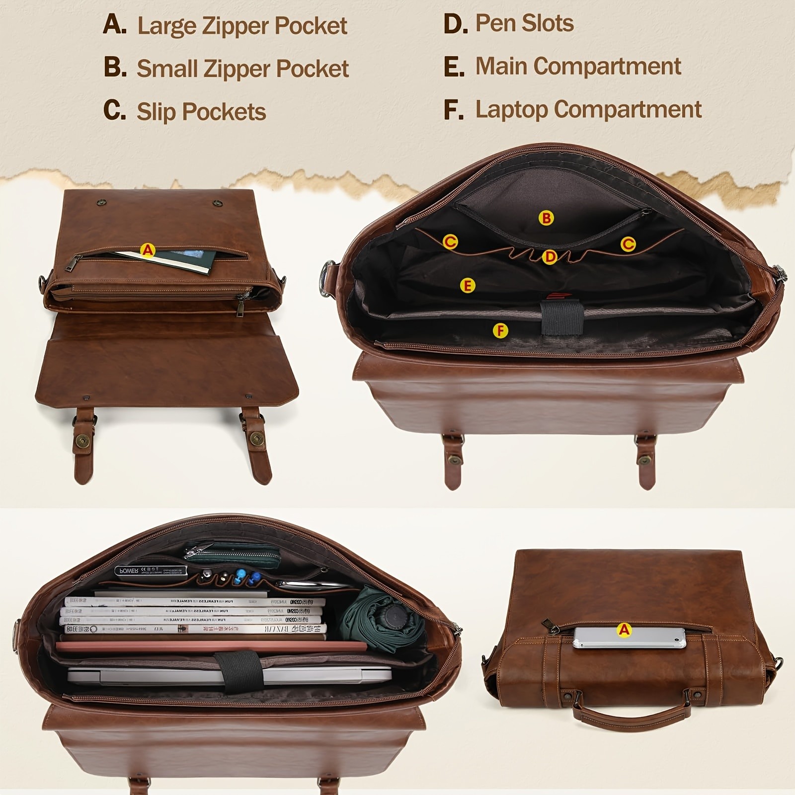 IGOLUMON Mens Crossbody Bag  Vintage Style Faux Leather Laptop Briefcase for Business, Travel, and College Use