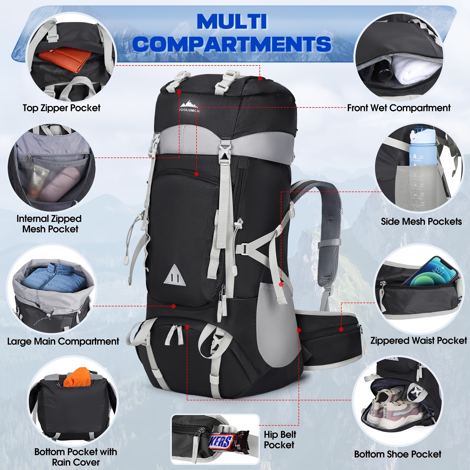 IGOLUMON 60L Hiking Backpack  Durable, Spacious, and Perfect for Hiking, Camping, and Travel