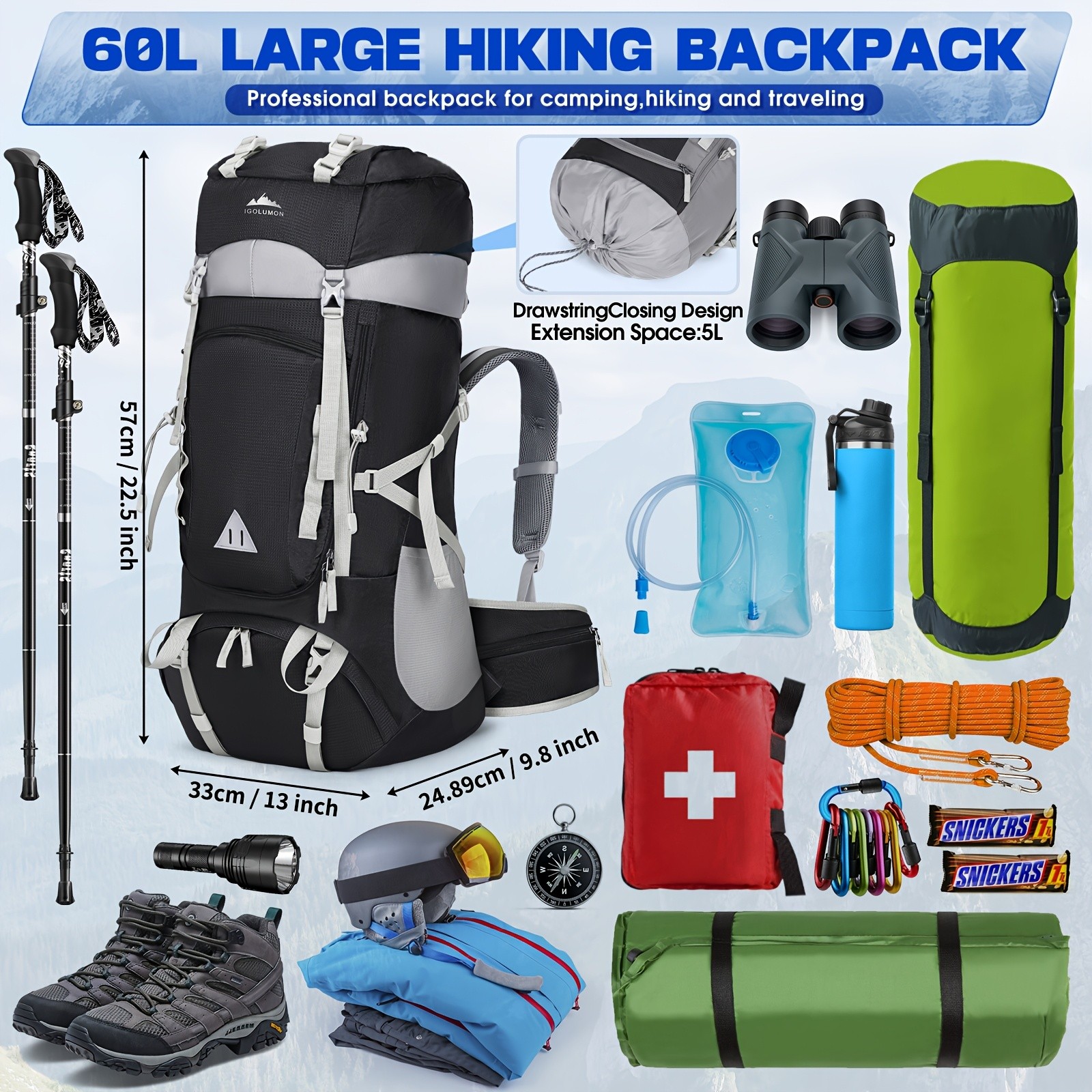 IGOLUMON 60L Hiking Backpack  Durable, Spacious, and Perfect for Hiking, Camping, and Travel