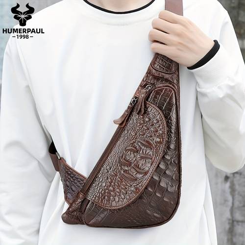 HUMERPAUL Mens Genuine Leather Crossbody Bag  Stylish Alligator Pattern with Multi-Compartment Design for Daily Commute
