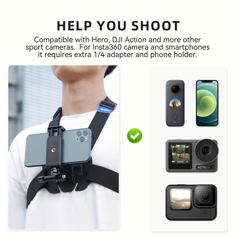 TELESIN Action Camera Chest Harness  Adjustable Strap for Insta360 X2/X3 & DJI Osmo 3  Sturdy, Hands-Free Mount for Outdoor Adventures