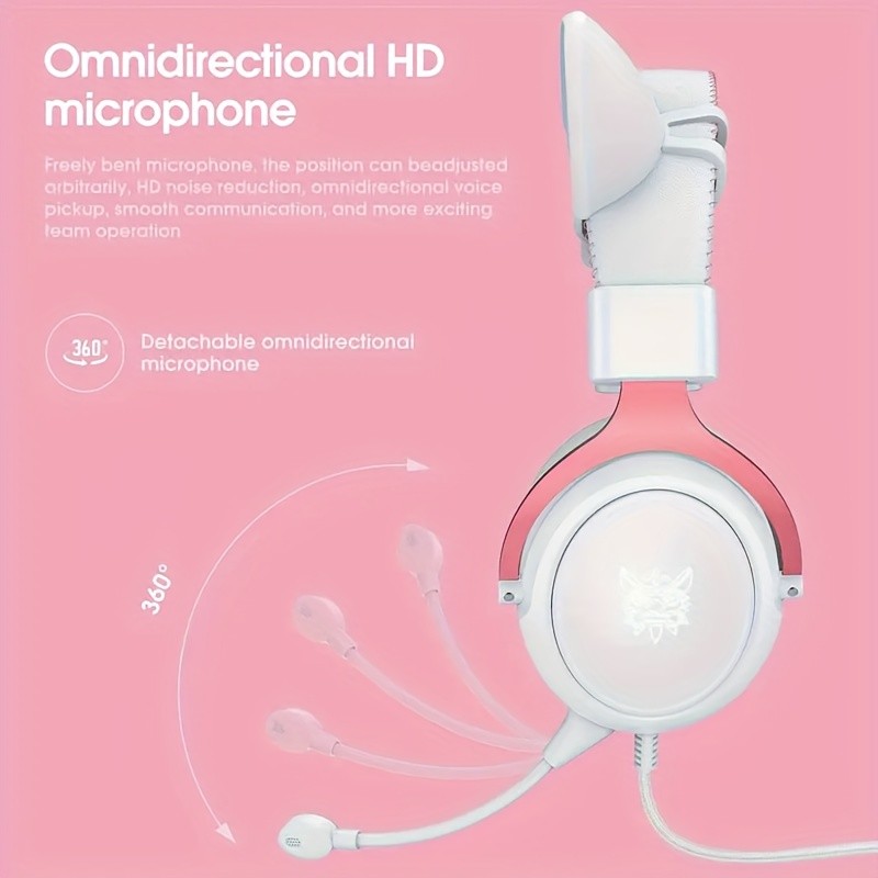 ONIKUMA 3.5mm Wired Gaming Headset Panoramic Sound, Detachable Cat Ear Decor, and RGB Lighting