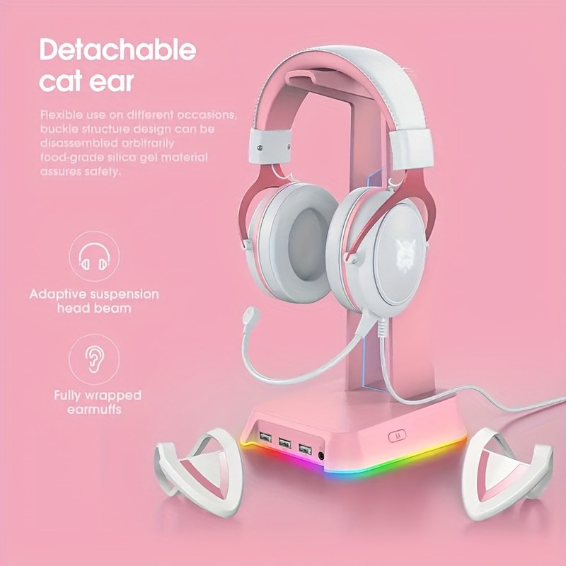 ONIKUMA 3.5mm Wired Gaming Headset Panoramic Sound, Detachable Cat Ear Decor, and RGB Lighting