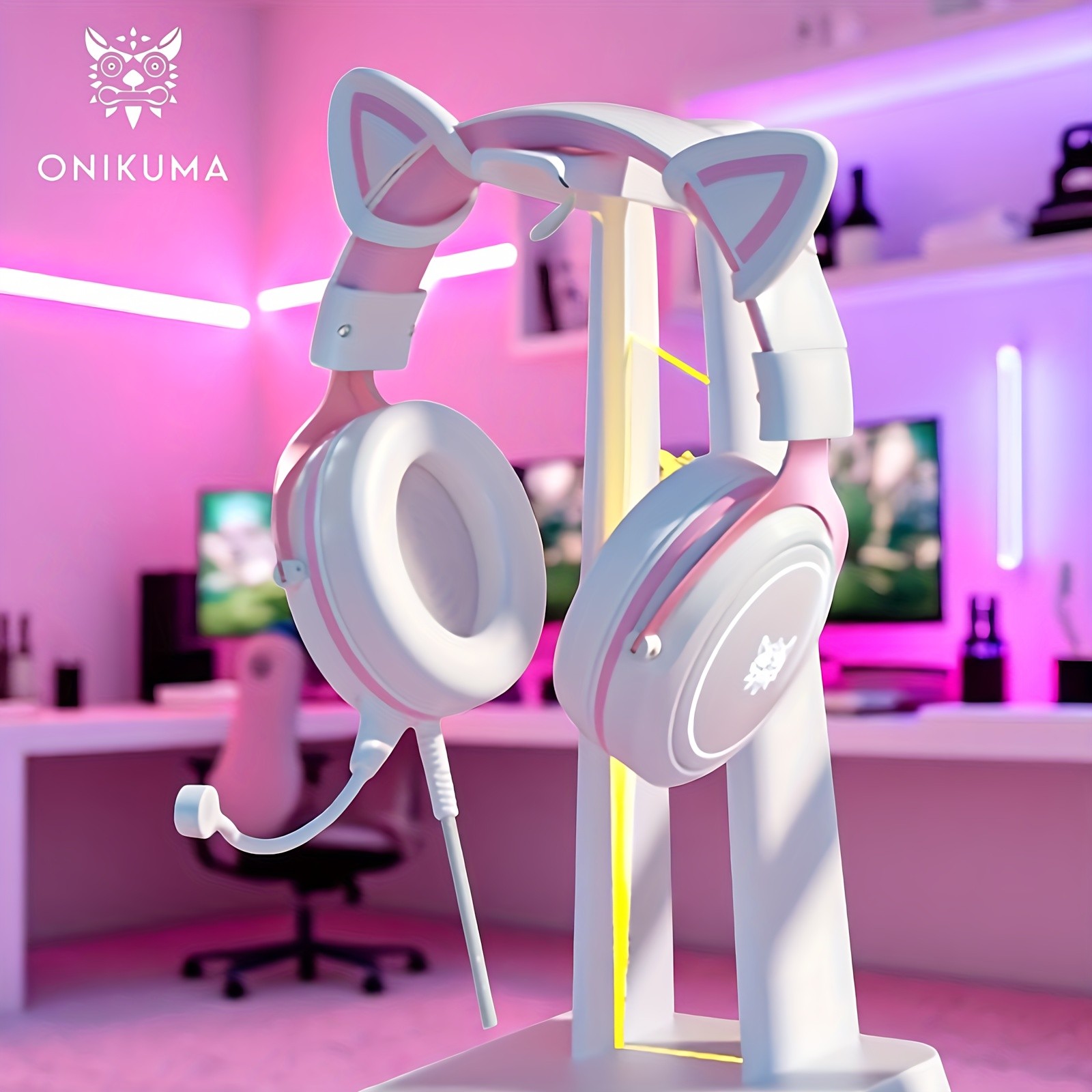 ONIKUMA 3.5mm Wired Gaming Headset Panoramic Sound, Detachable Cat Ear Decor, and RGB Lighting