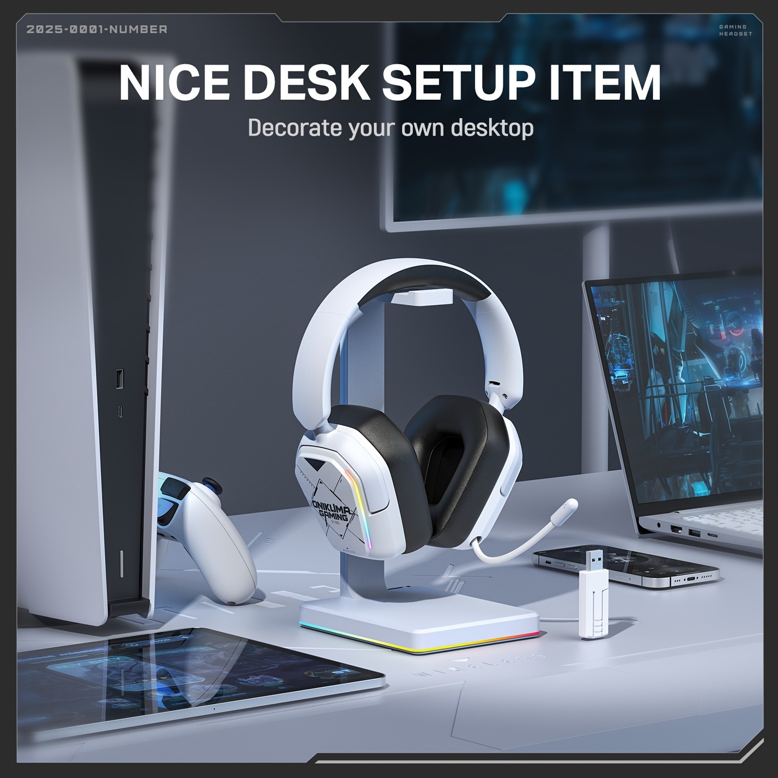 ONIKUMA Ultra-Lightweight Wireless Headset 7.1 Surround Sound, RGB Lighting, Retractable Noise-Canceling Mic