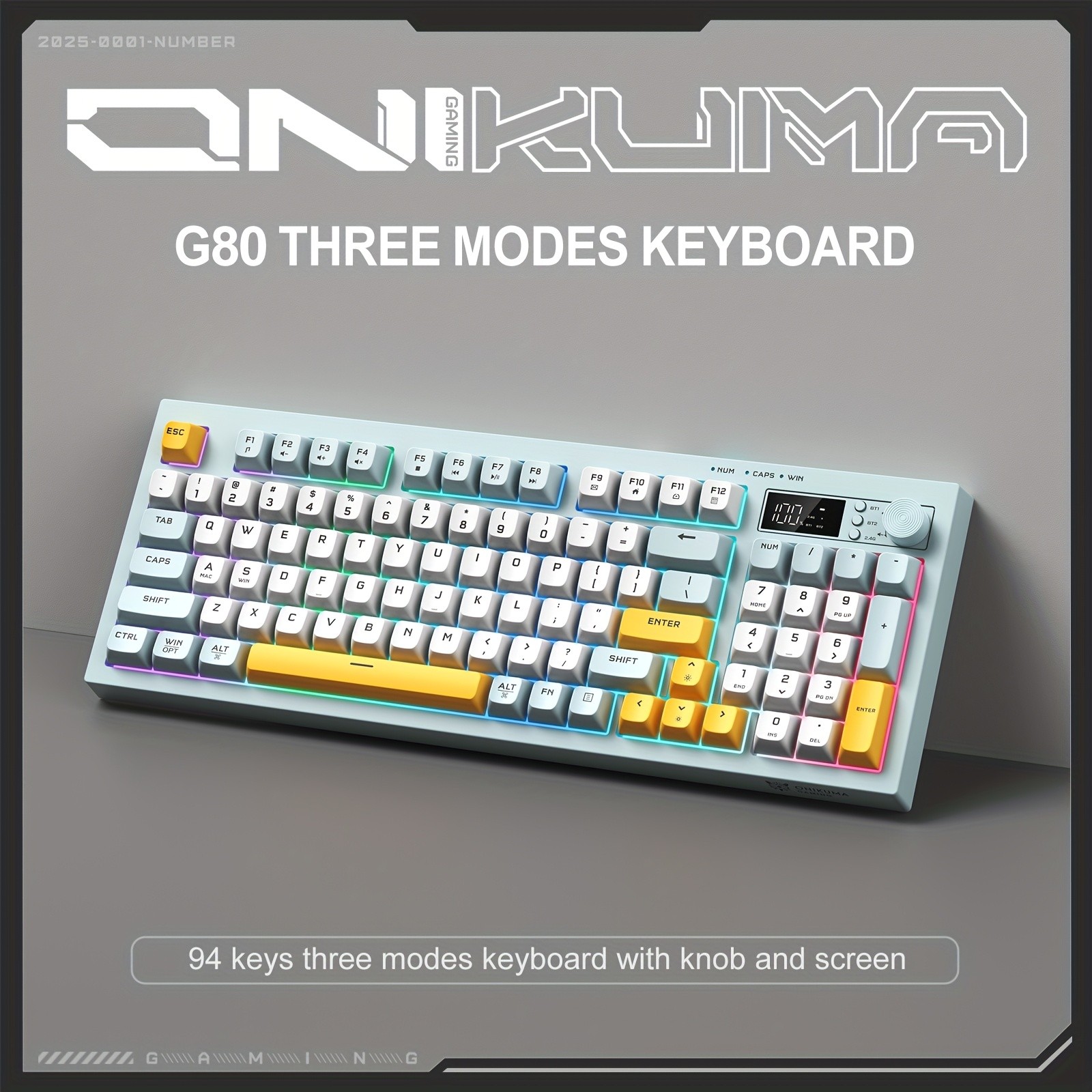 ONIKUMA Wireless Keyboard  94 Membrane Keys, LCD Screen, Multi-Function Knob, Ergonomic Design