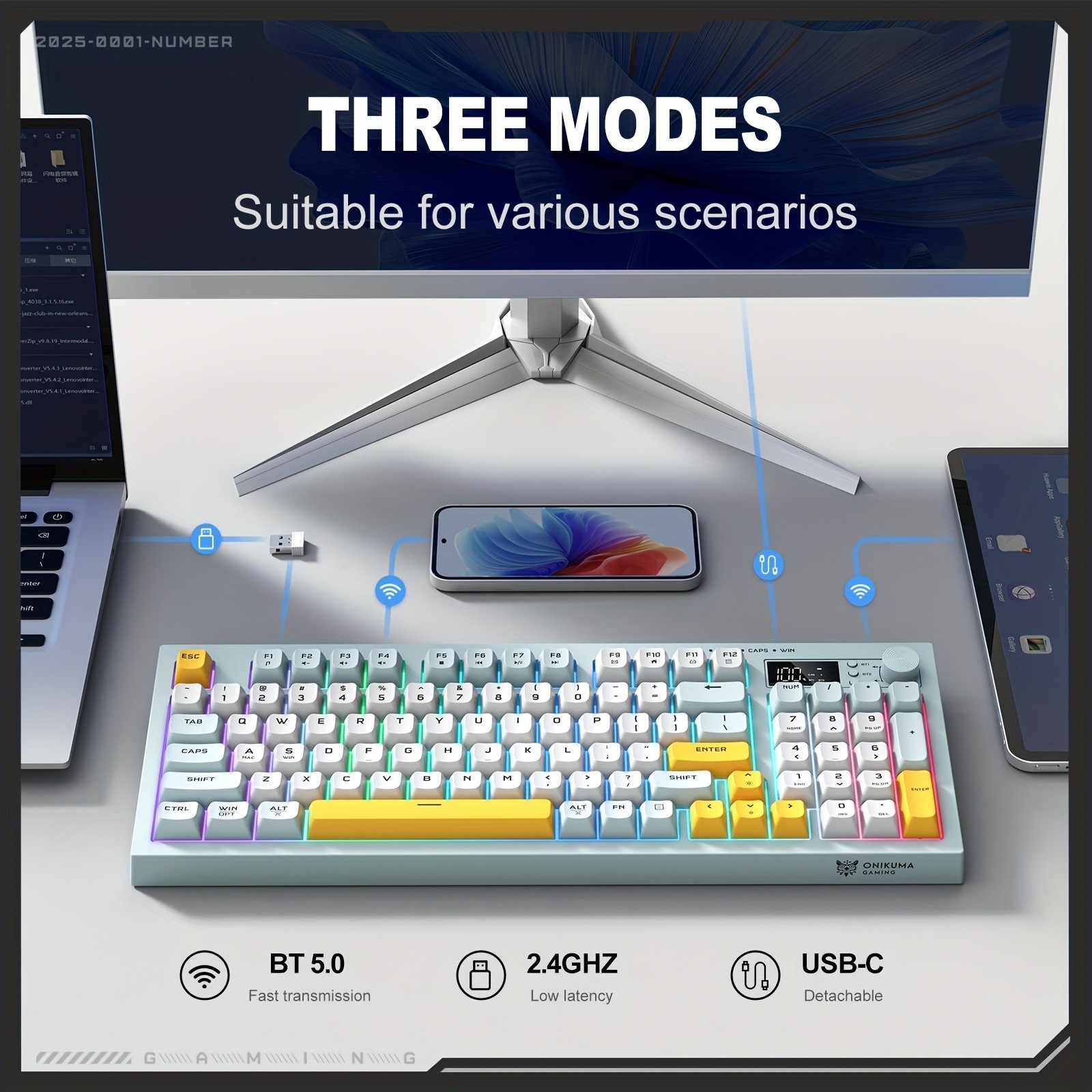 ONIKUMA Wireless Keyboard  94 Membrane Keys, LCD Screen, Multi-Function Knob, Ergonomic Design