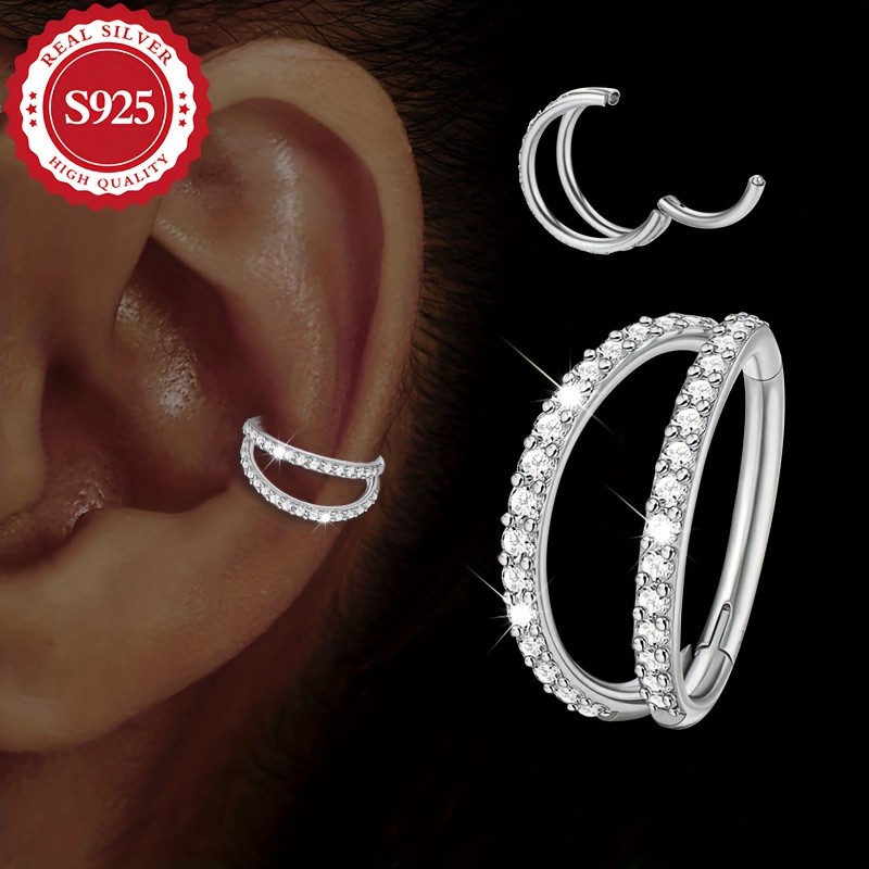 SOL COLL Women's Double-Layered Shiny Synthetic Zirconia Nose Ring & Ear Cuff