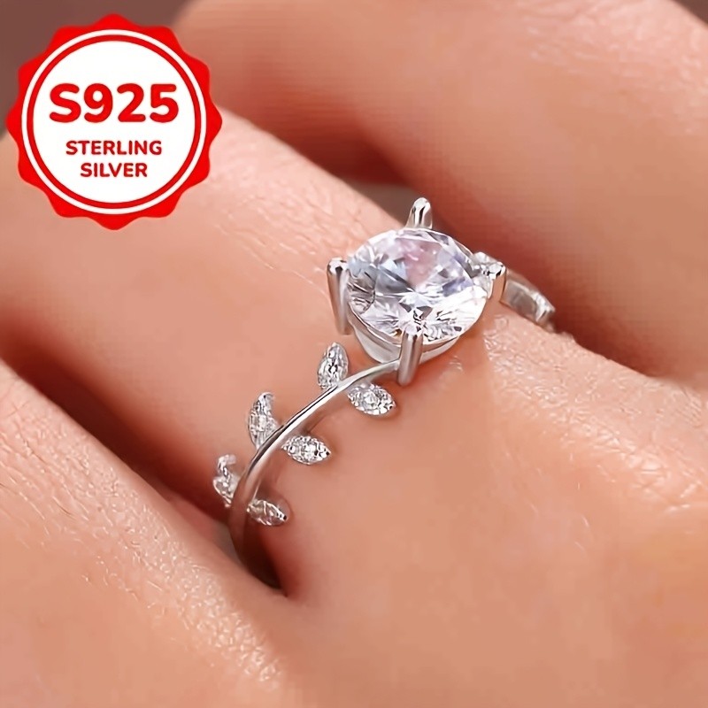 SIMILANKA 925 Silver Leaf Vine Four-Prong Synthetic Zirconia Ring