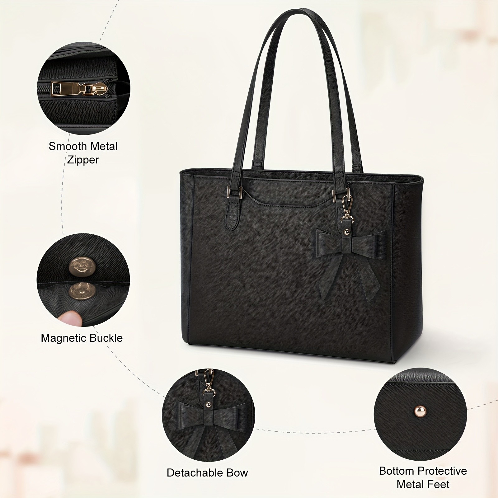 KTMOUW Laptop Bags for Women Large Capacity Tote Bag, Job Hunting, A4 Support, Self-Supporting Design, Formal Shoulder Bag with Bow Tie