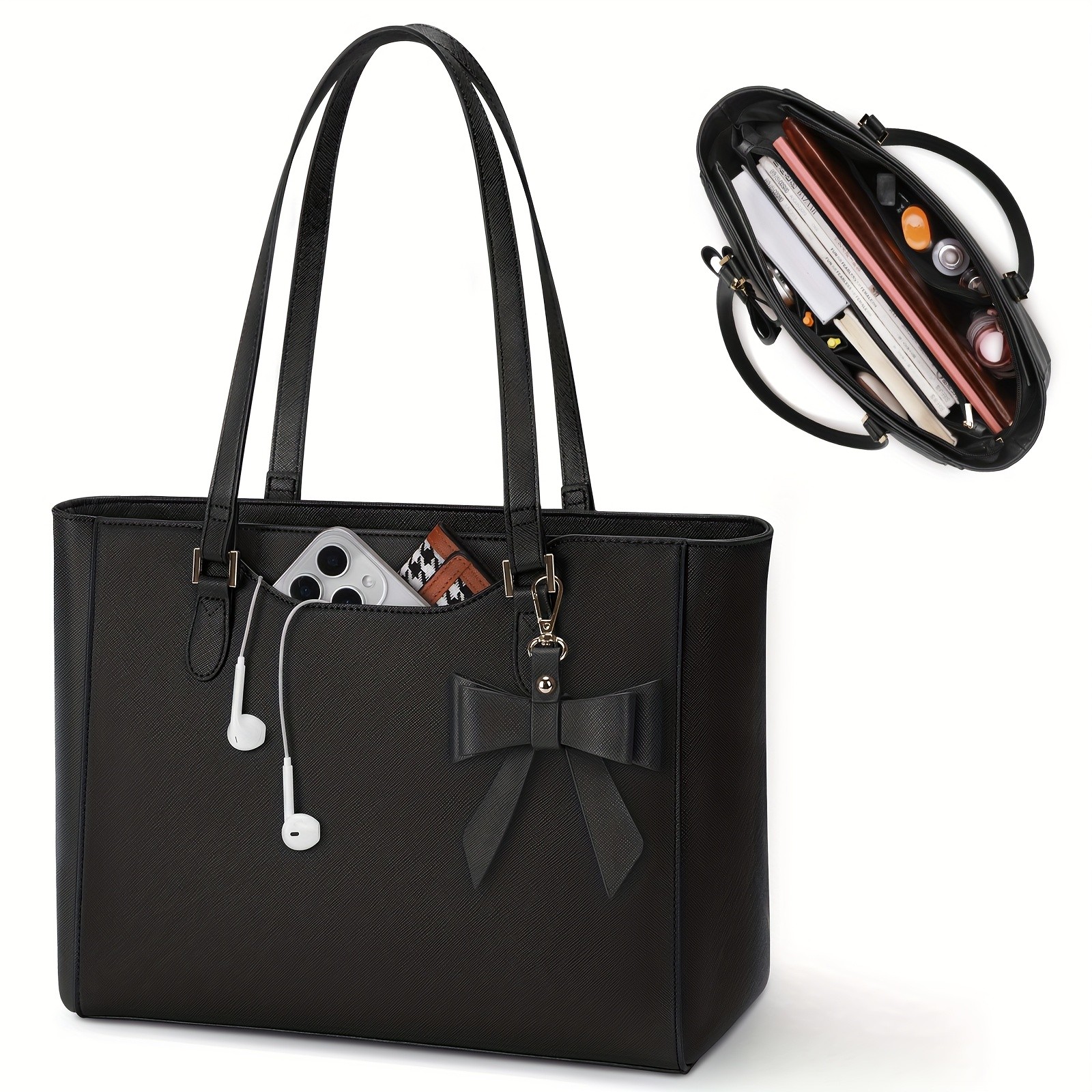 KTMOUW Laptop Bags for Women Large Capacity Tote Bag, Job Hunting, A4 Support, Self-Supporting Design, Formal Shoulder Bag with Bow Tie