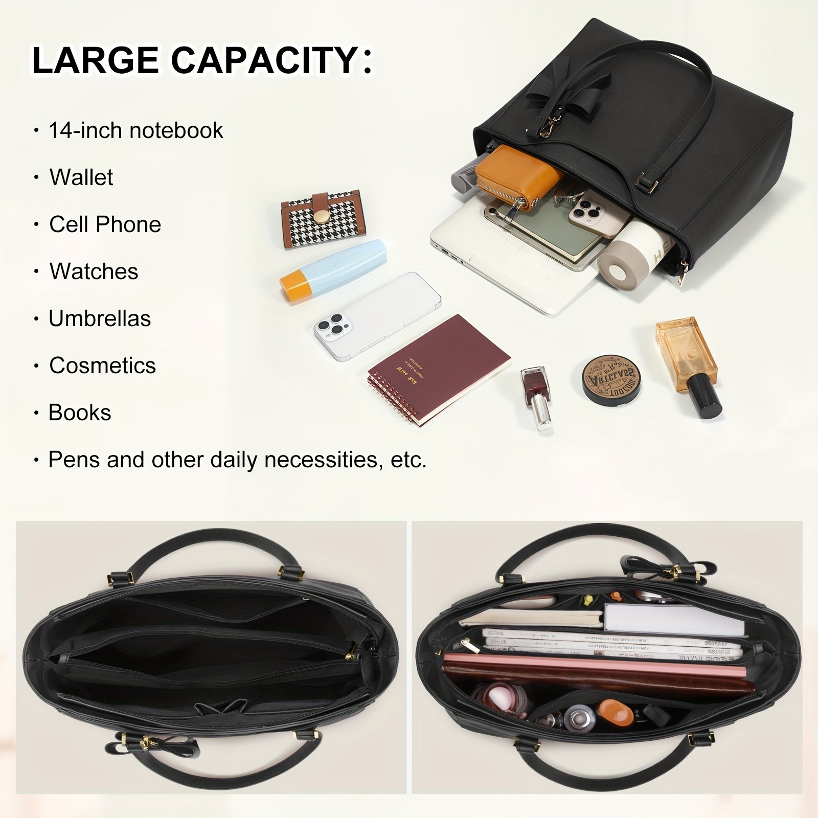 KTMOUW Laptop Bags for Women Large Capacity Tote Bag, Job Hunting, A4 Support, Self-Supporting Design, Formal Shoulder Bag with Bow Tie