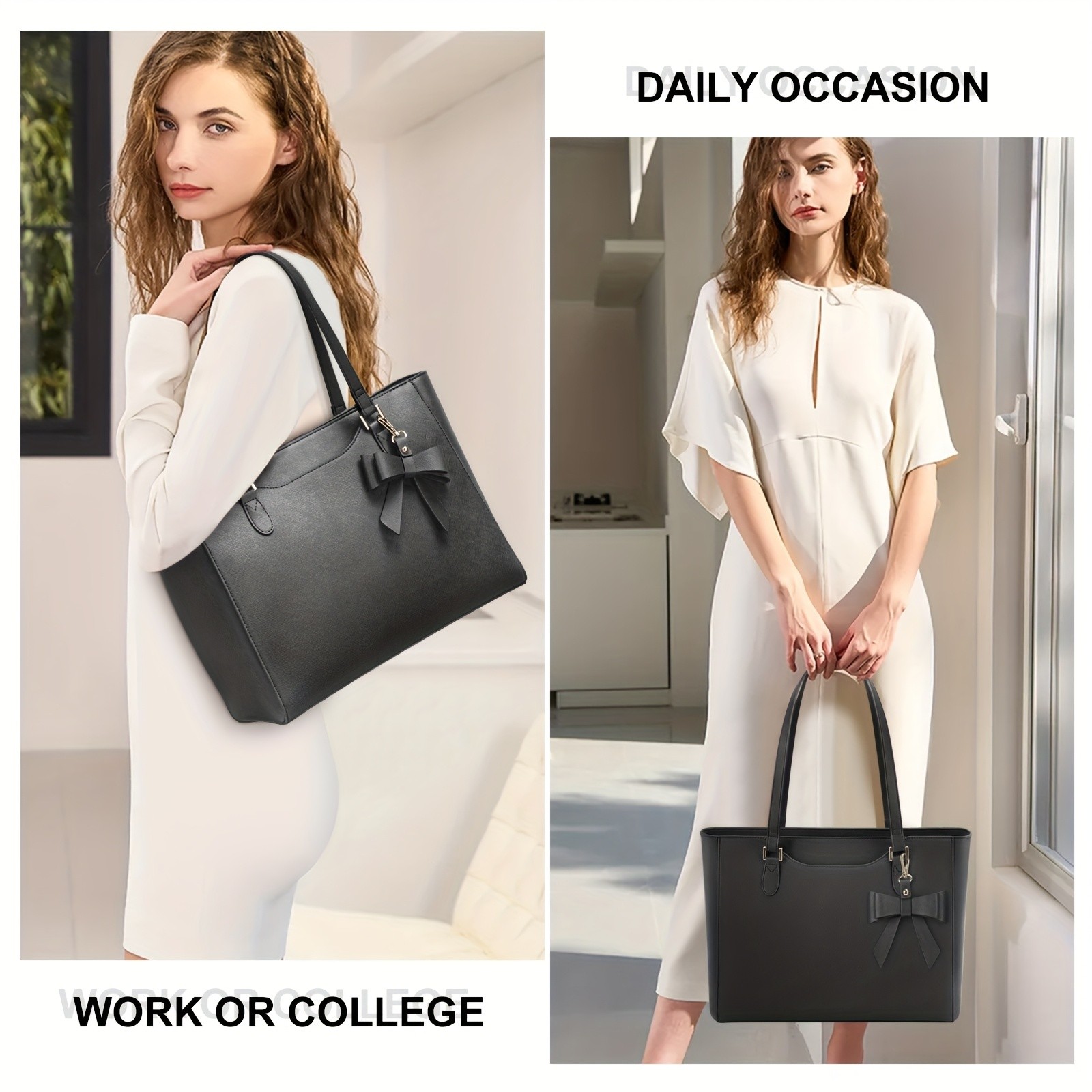 KTMOUW Laptop Bags for Women Large Capacity Tote Bag, Job Hunting, A4 Support, Self-Supporting Design, Formal Shoulder Bag with Bow Tie