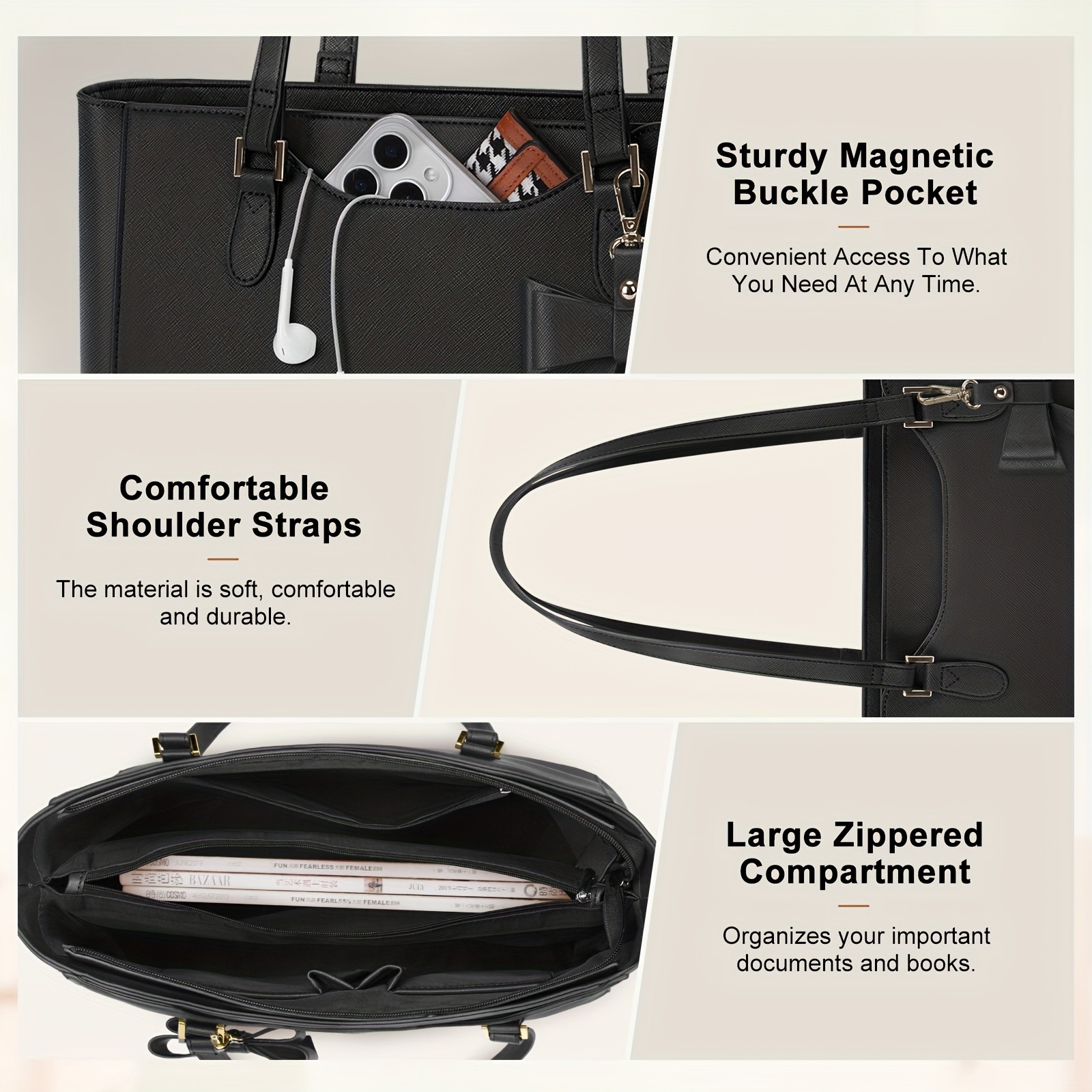 KTMOUW Laptop Bags for Women Large Capacity Tote Bag, Job Hunting, A4 Support, Self-Supporting Design, Formal Shoulder Bag with Bow Tie