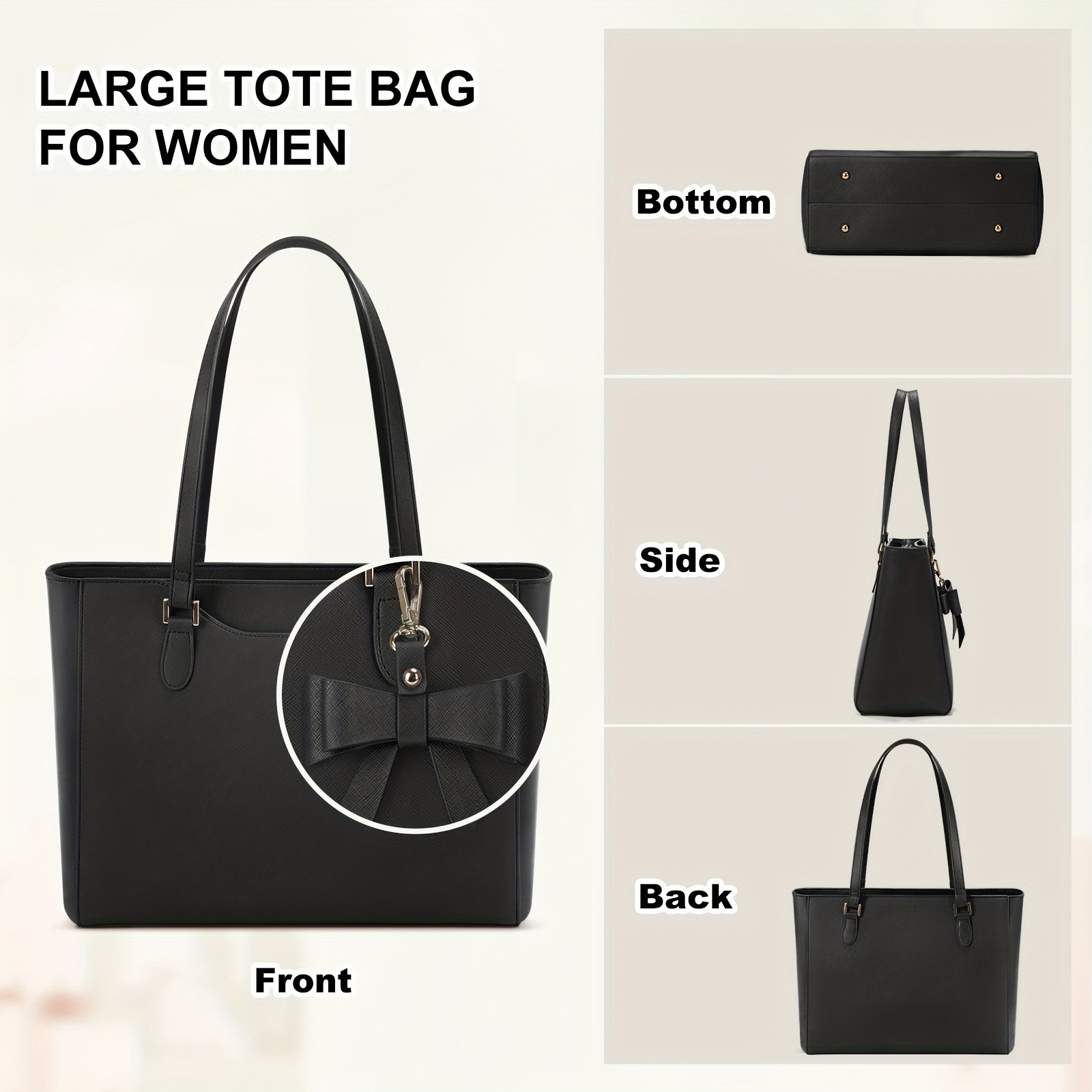 KTMOUW Womens Large Capacity Tote Bag  14-Inch Laptop Bag, Golden-Tone Hardware, Black Bow Accent, Zipper Closure