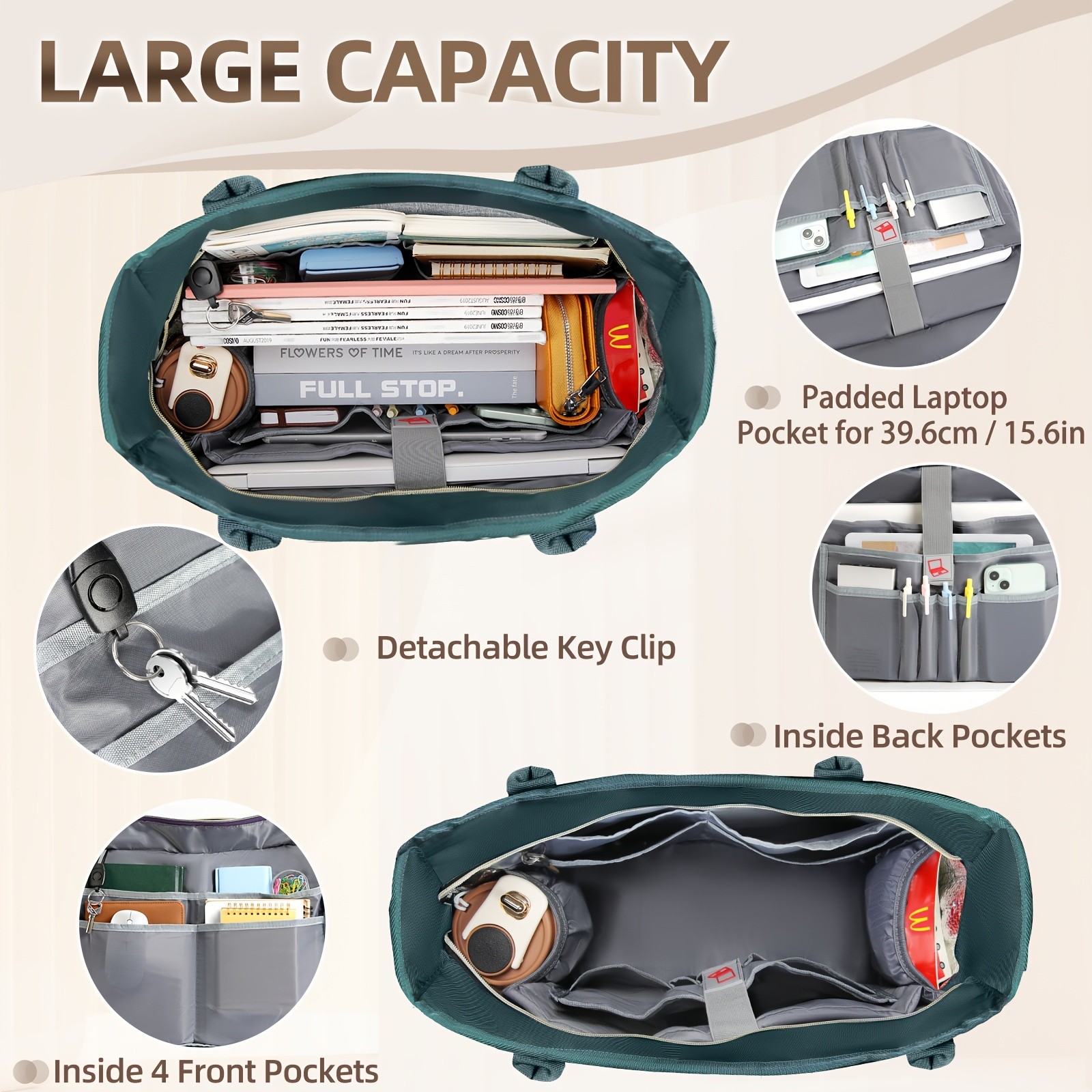 KTMOUW Laptop Bag for Women Stylish Dark Green Tote, Adjustable Strap, Zipper Closure, Ideal for Teachers & Professionals